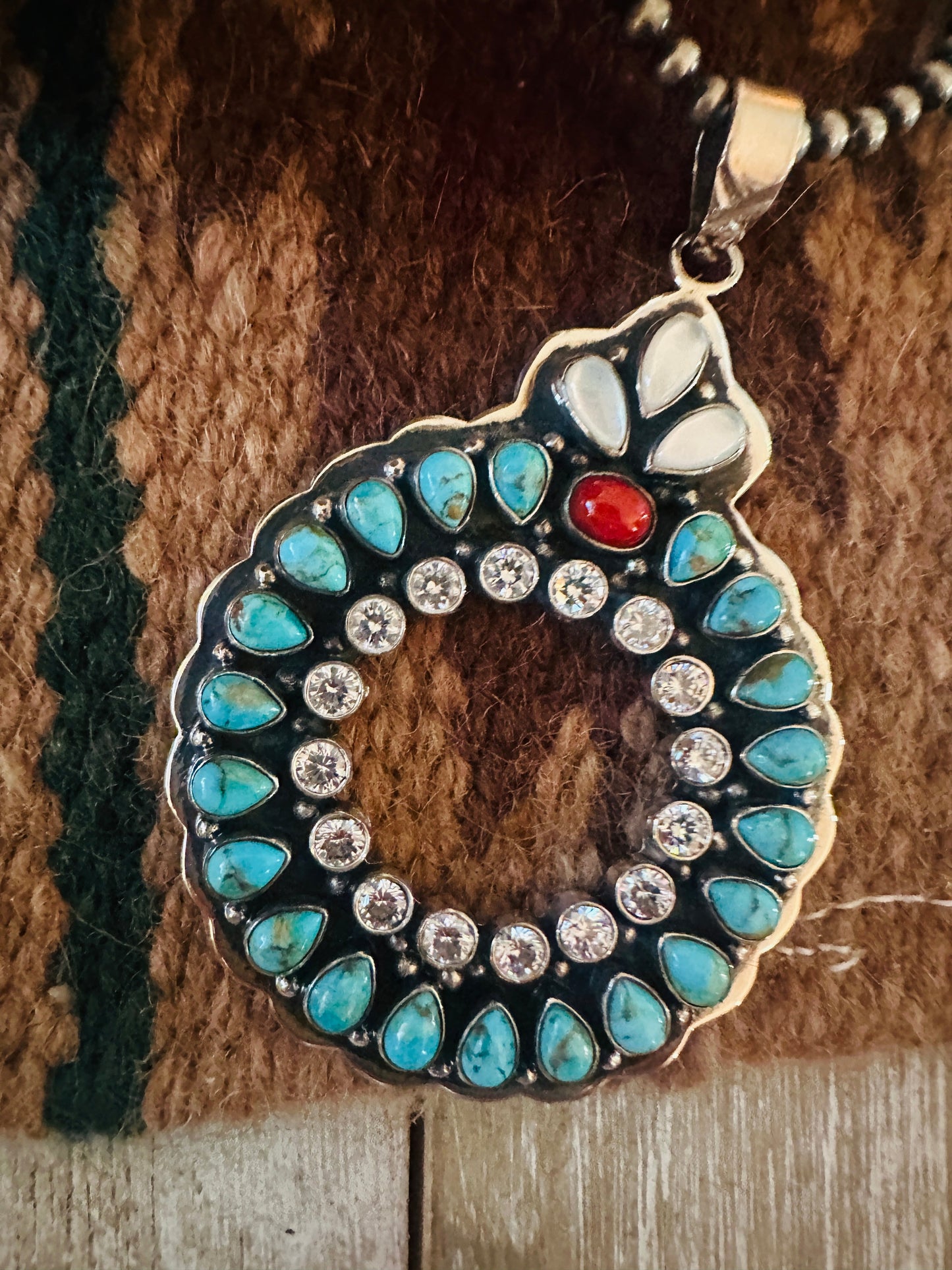 ** Christmas Collection ** Handmade Sterling Silver, Turquoise, Coral & CZ Wreath Pendant Signed Nizhoni