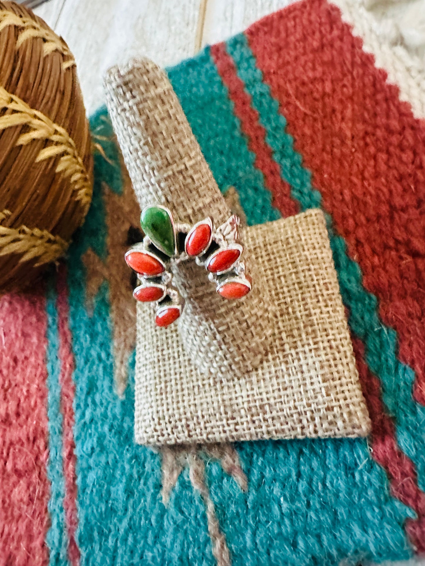 ** Christmas Collection ** Handmade Sterling Silver, Turquoise & Coral Adjustable Ring Signed Nizhoni