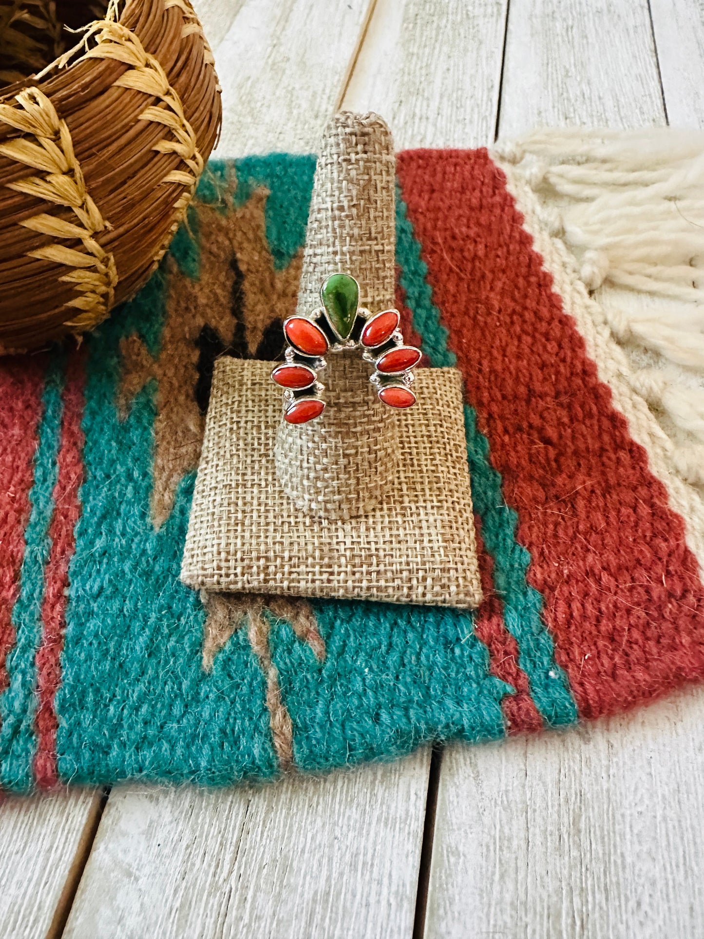 ** Christmas Collection ** Handmade Sterling Silver, Turquoise & Coral Adjustable Ring Signed Nizhoni