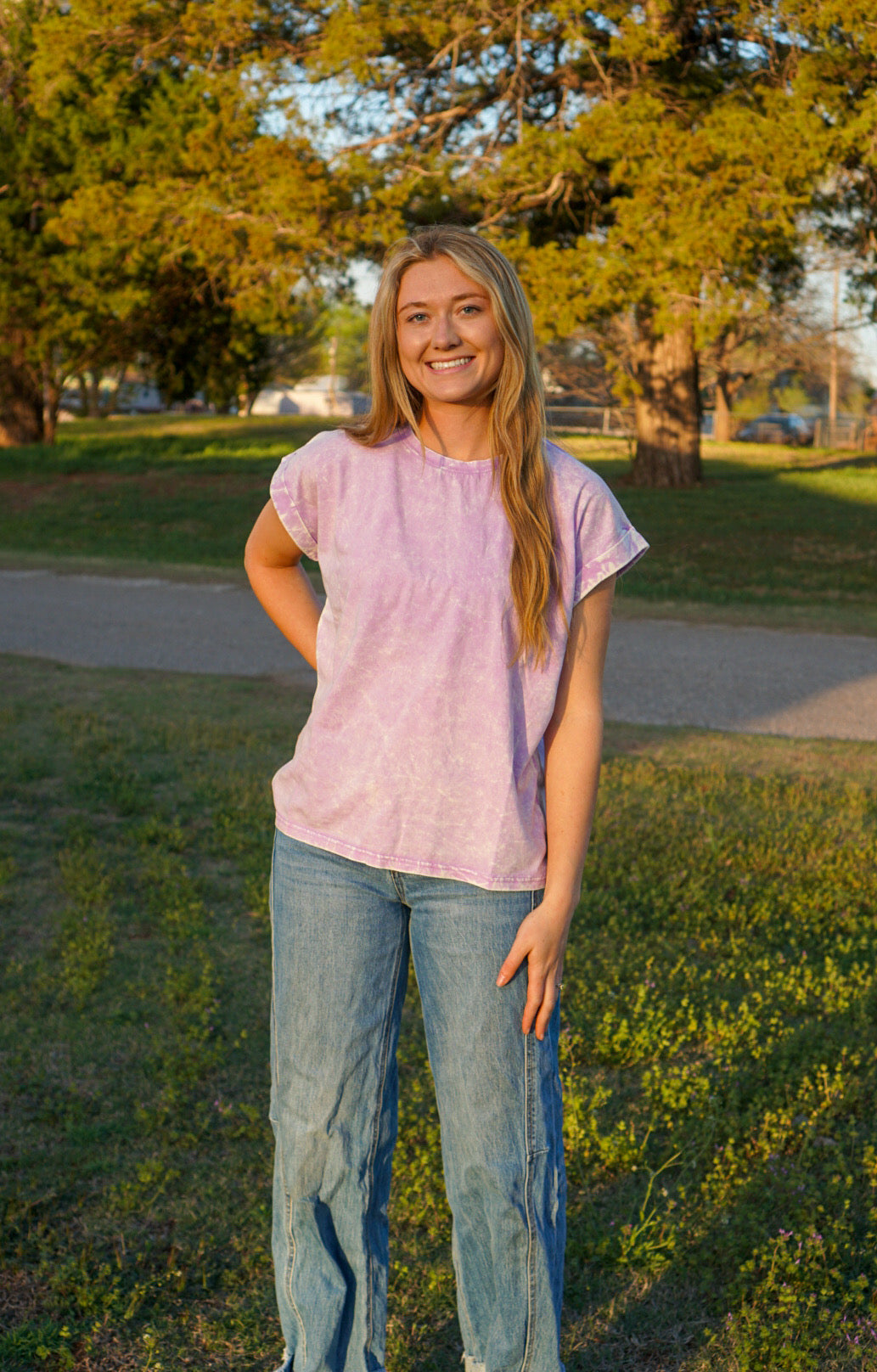 Lavender Crinkle Washed Short Sleeve Top