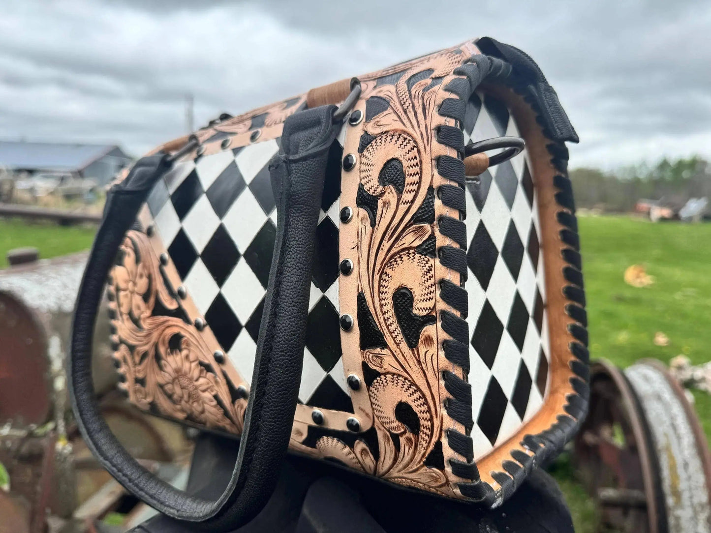 Luxe Tooled Leather Starry Night Rhinestone Stud Checkered Speedy Bag