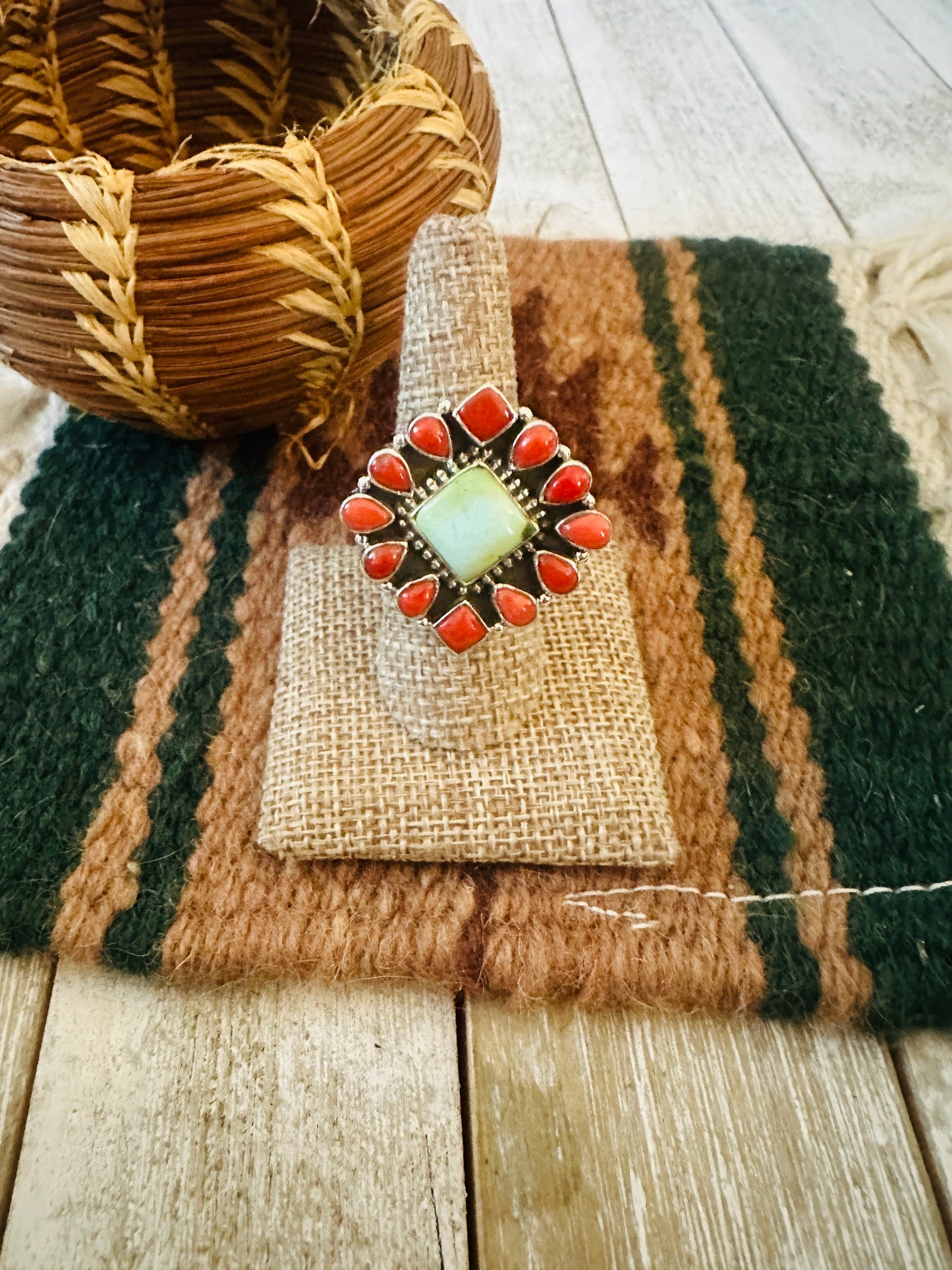 ** Christmas Collection ** Handmade Sterling Silver, Turquoise & Coral Adjustable Ring Signed Nizhoni