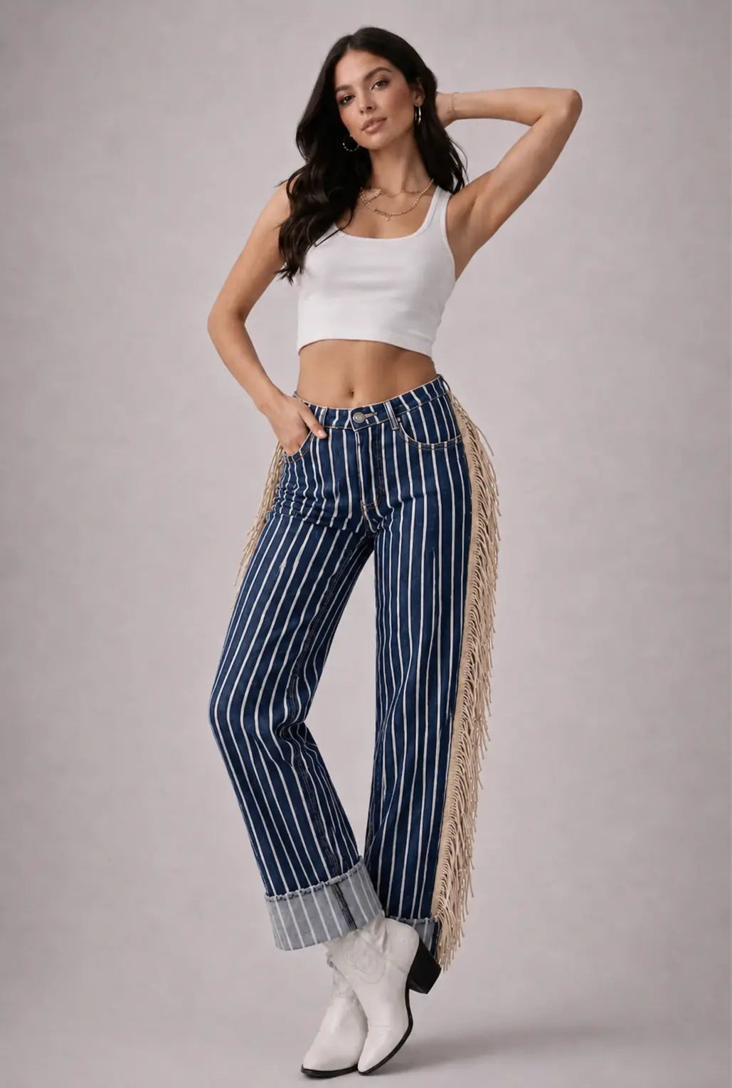 Desert Drifter Striped Wide Leg Cuffed Fringe Denim Jeans
