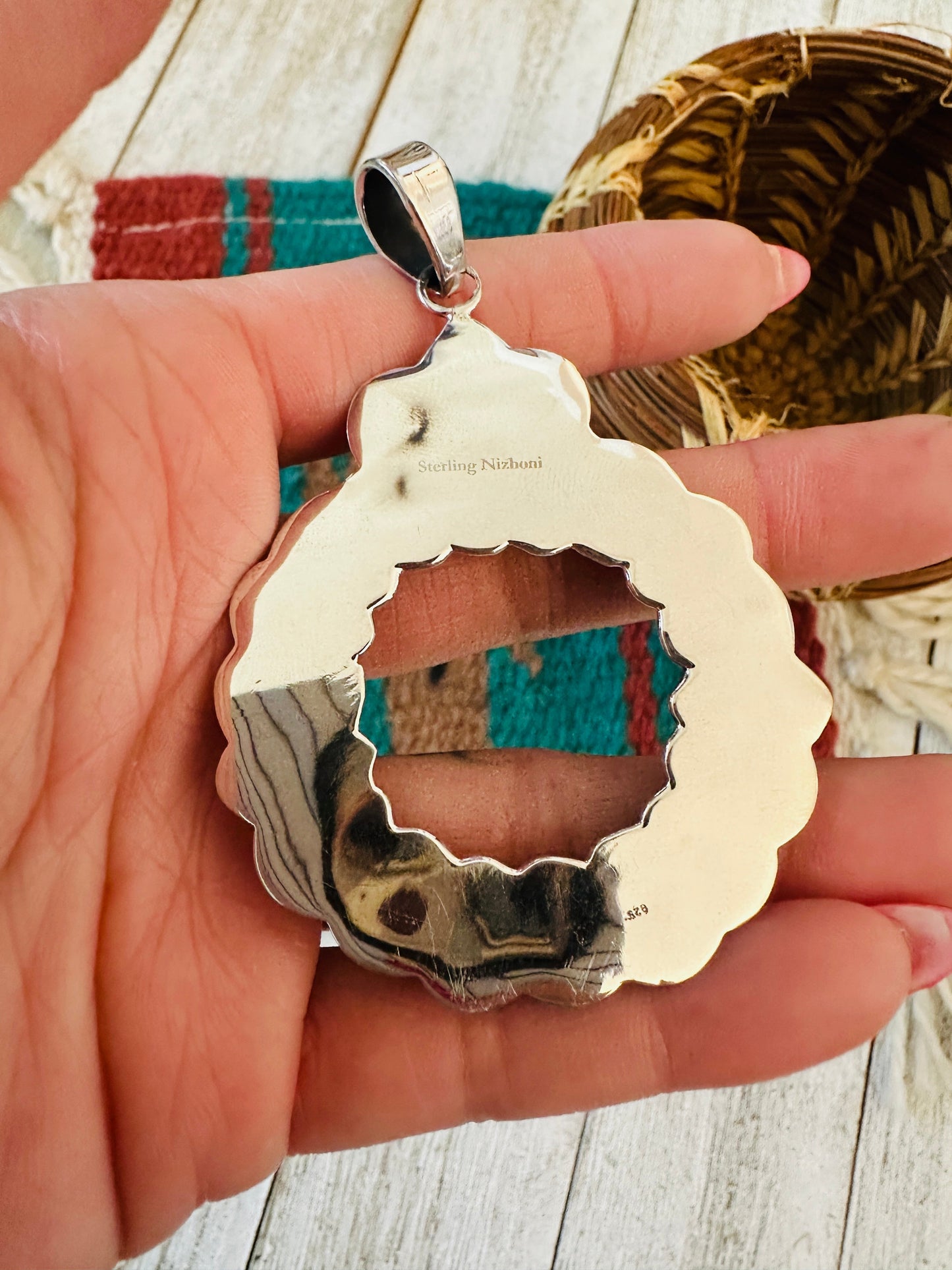 ** Christmas Collection ** Handmade Sterling Silver, Turquoise & Coral Wreath Pendant Signed Nizhoni