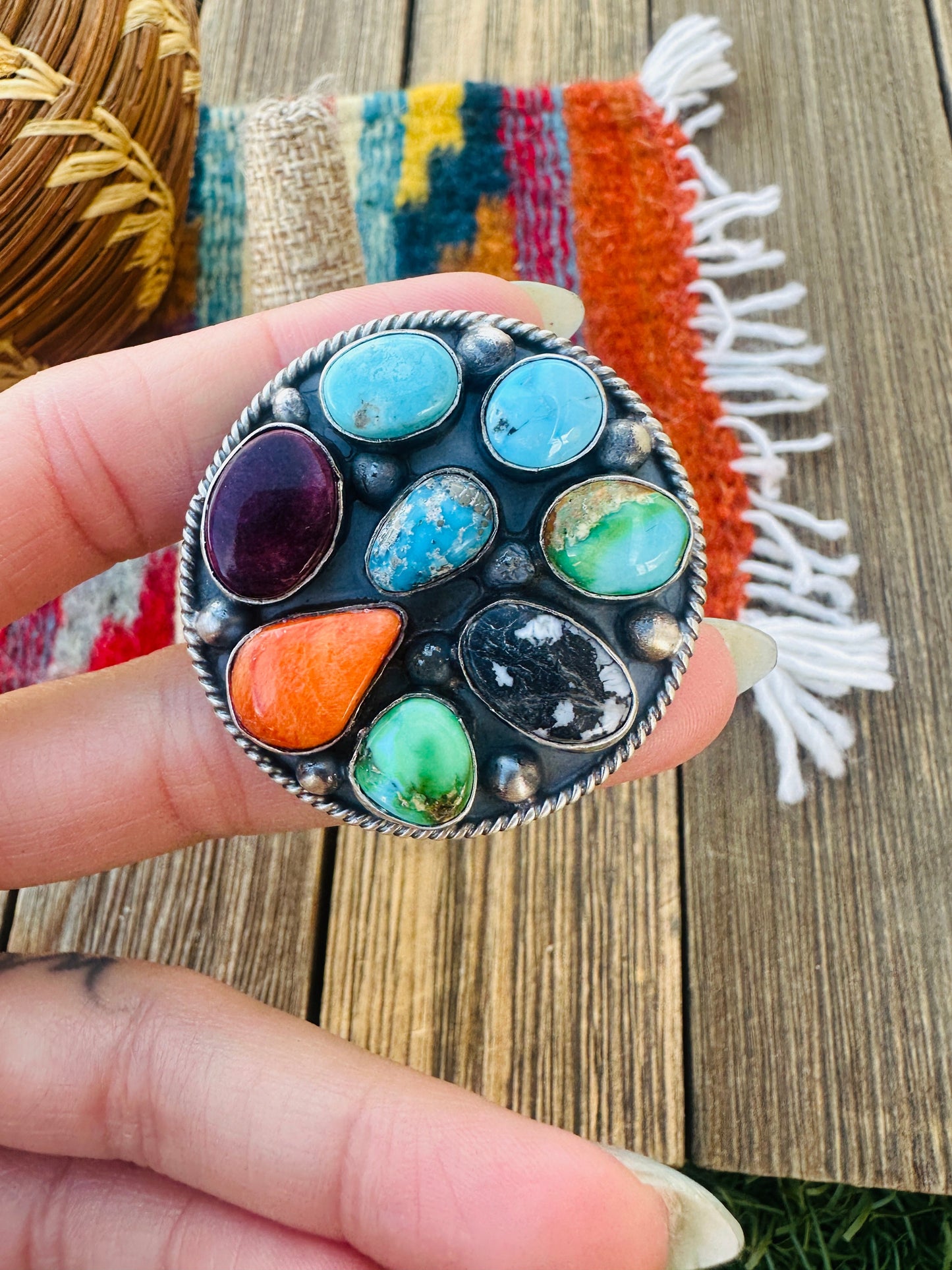 Handcrafted Sterling Silver & Multi Stone Cluster Adjustable Ring by Vicky Hicks