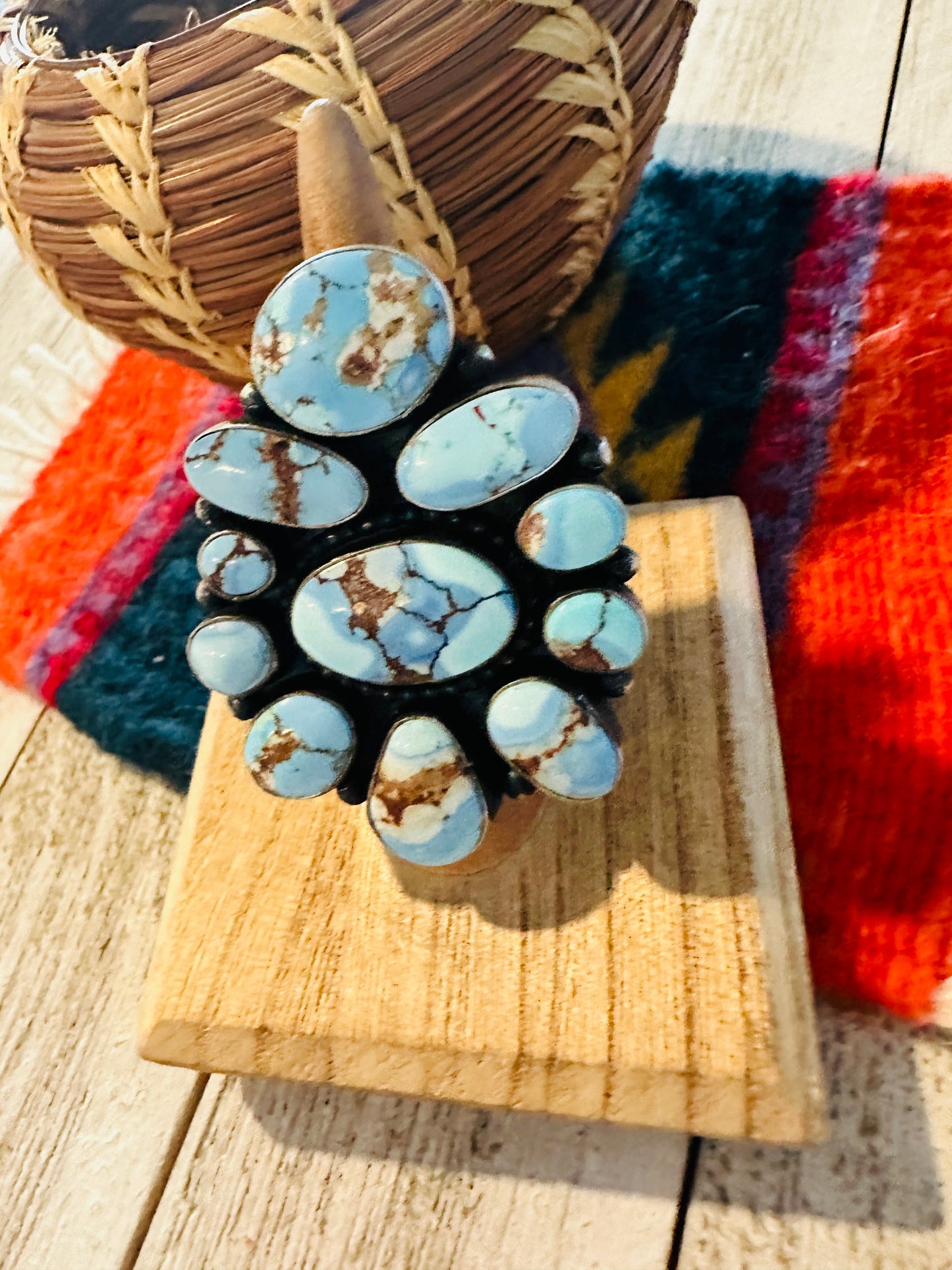 Handcrafted Golden Hills Turquoise & Sterling Silver Cluster Ring Size 7 by B. Yellowhorse