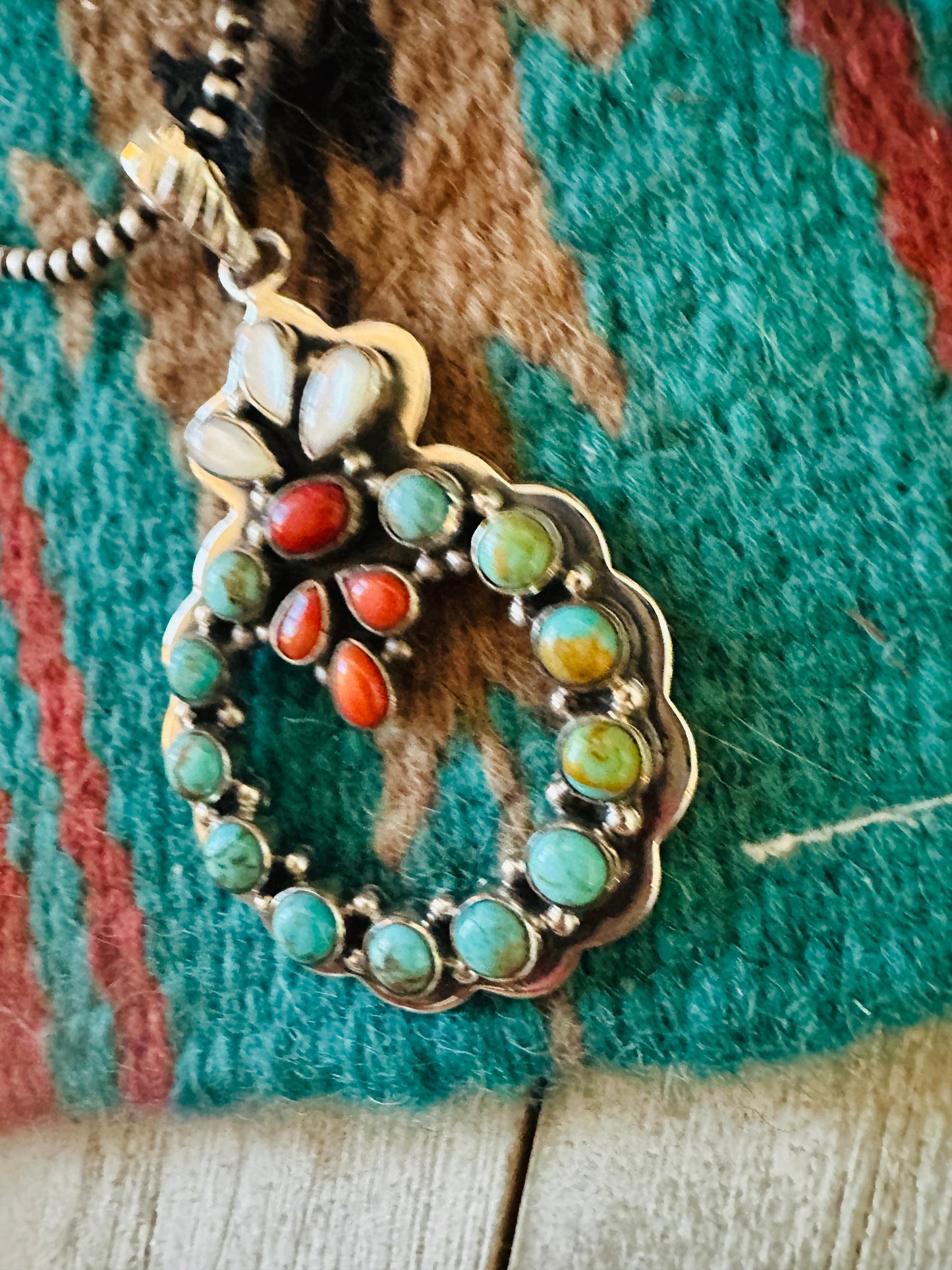 ** Christmas Collection ** Handmade Sterling Silver, Turquoise & Coral Wreath Pendant Signed Nizhoni
