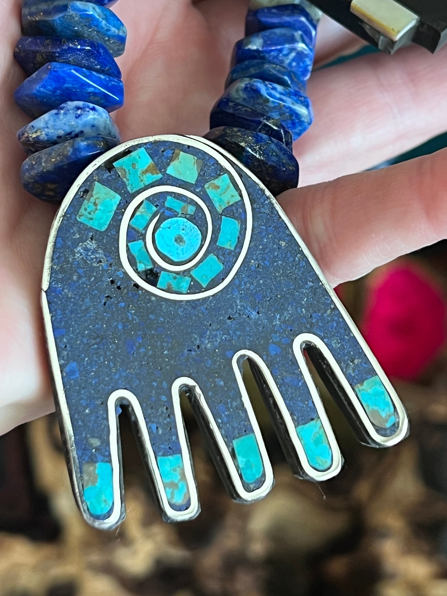 Handcrafted Multi Stone Inlay Healing Hand and Storm Cloud Necklace & Earrings by Warren Nieto