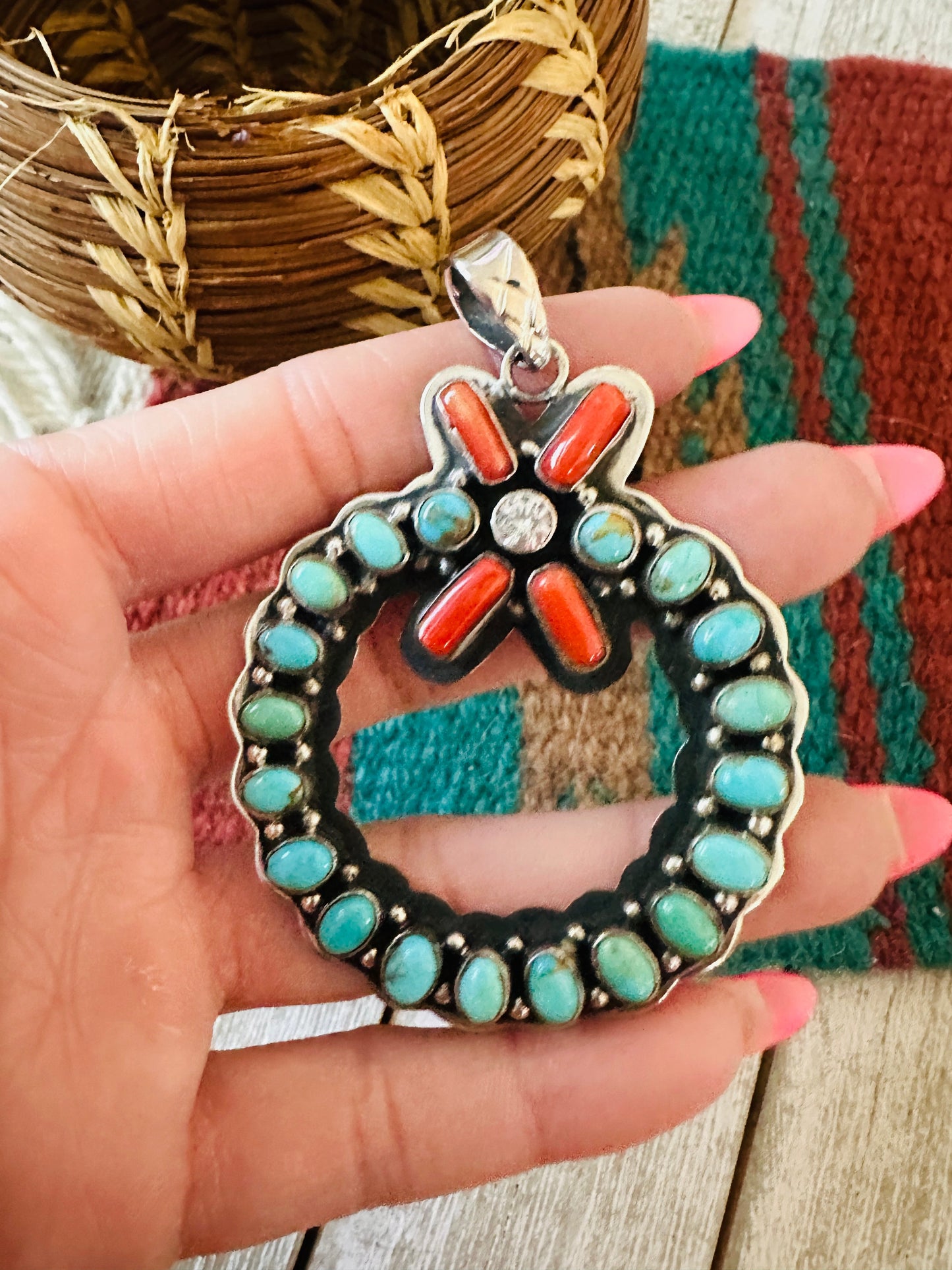 ** Christmas Collection ** Handmade Sterling Silver, Turquoise, Coral & CZ Wreath Pendant Signed Nizhoni