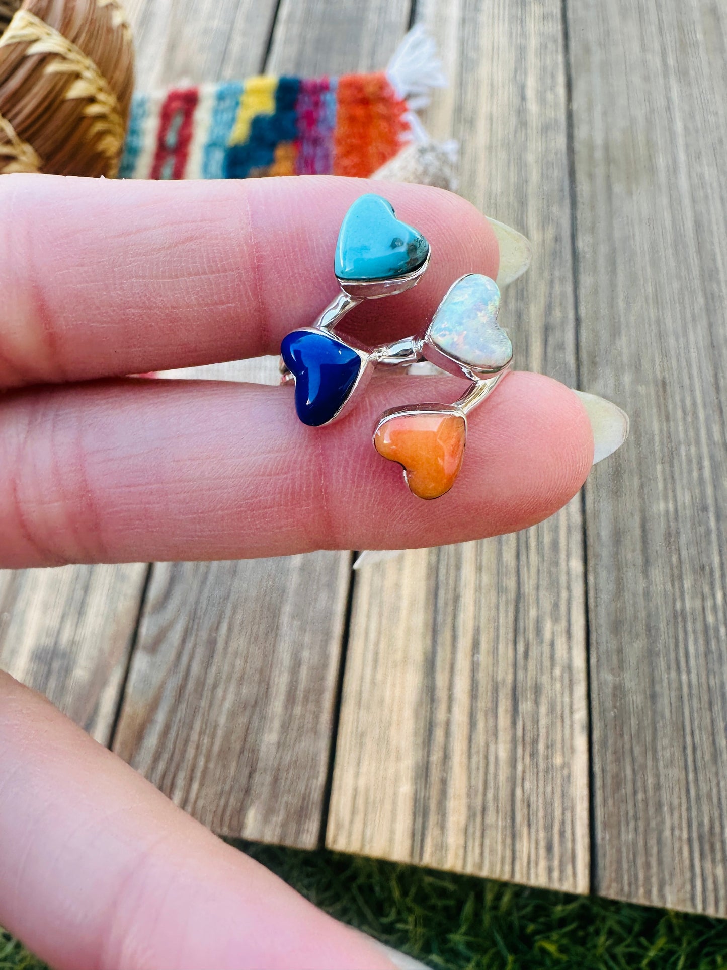 Handcrafted 4 Multi Stone Heart Ring Size 9.5
