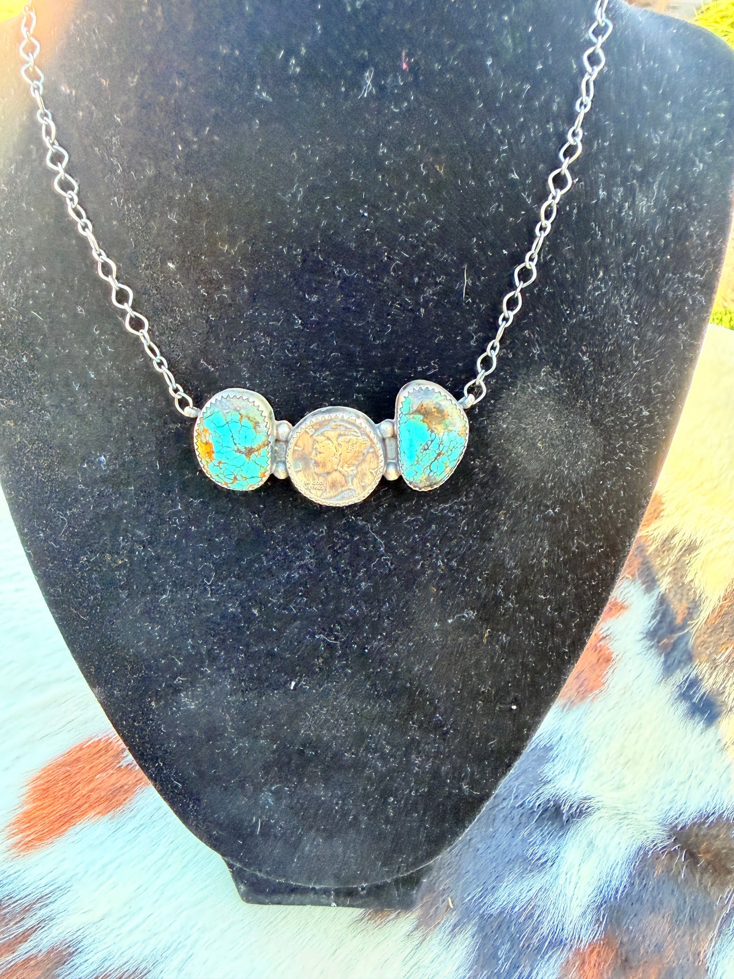 Handcrafted Number 8 Turquoise & Sterling Silver Liberty Dime Necklace by Johnny Frank
