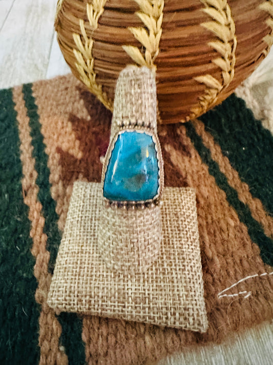 Old Pawn Handcrafted Turquoise & Sterling Silver Ring Size 8