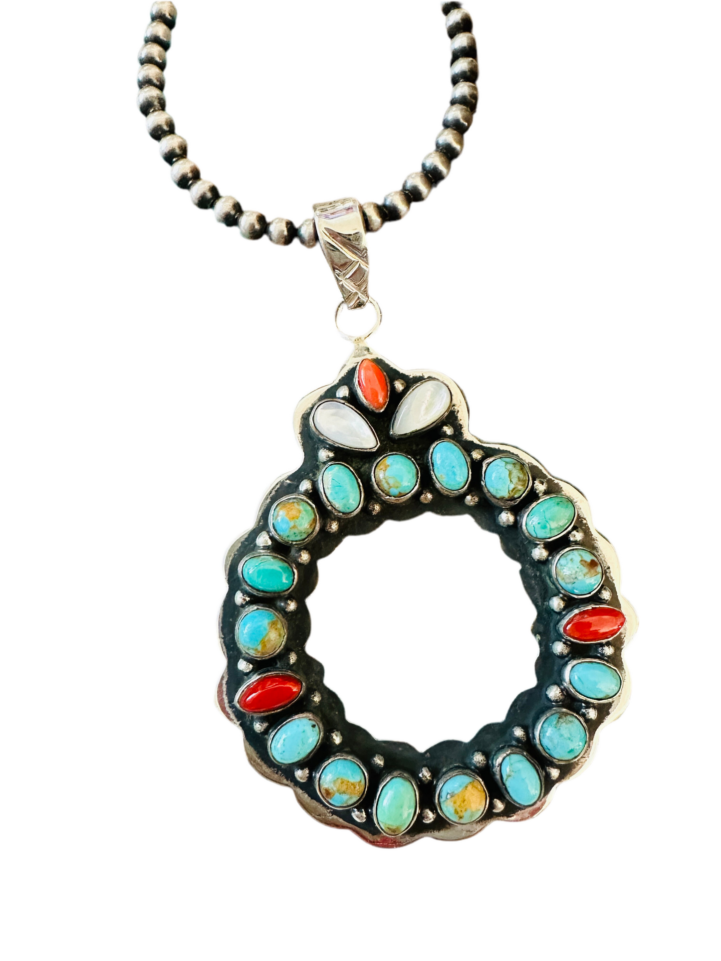 ** Christmas Collection ** Handmade Sterling Silver, Turquoise & Coral Wreath Pendant Signed Nizhoni