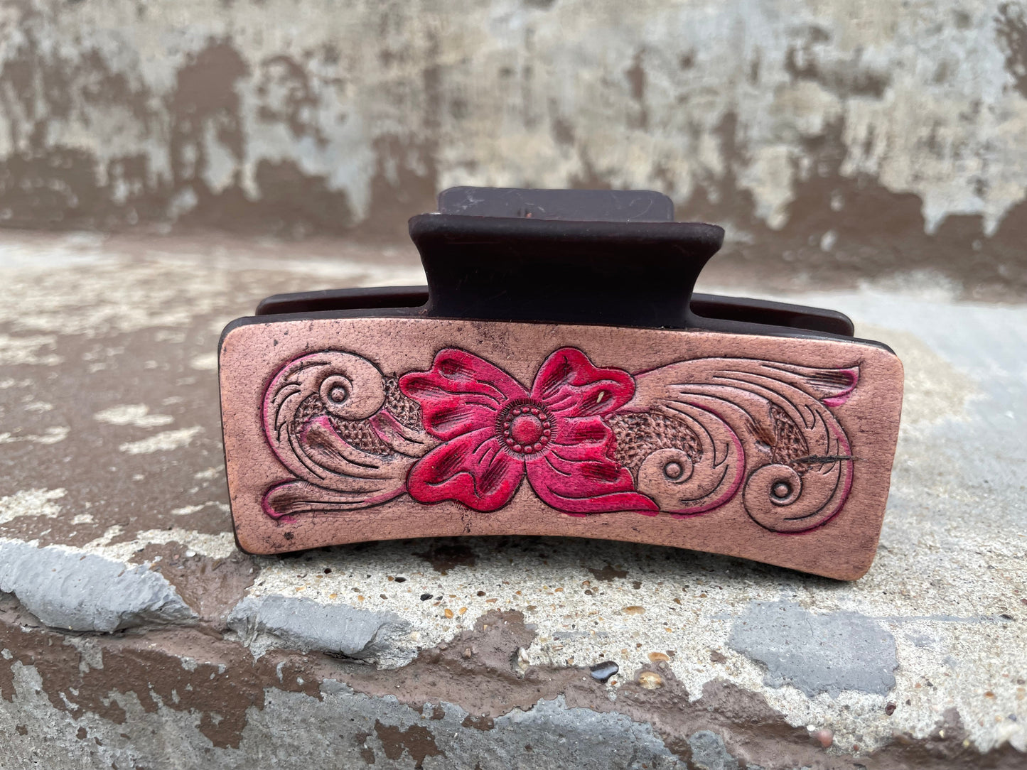 Floral Tooled Leather Hair Claw Clips 4”