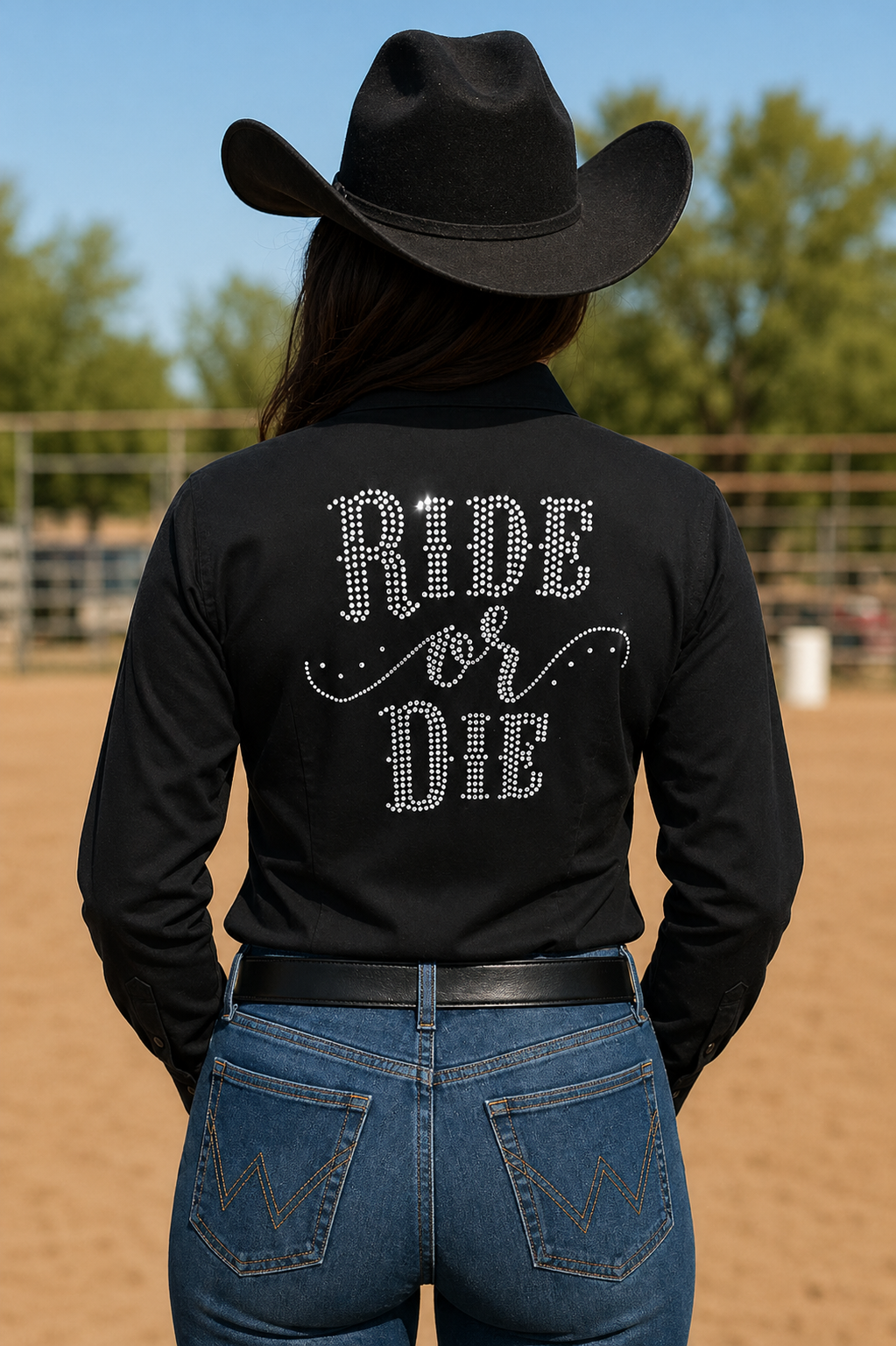Ride Or Die Rhinestone 4 Way Stretch Button Up Rodeo Shirt -Black