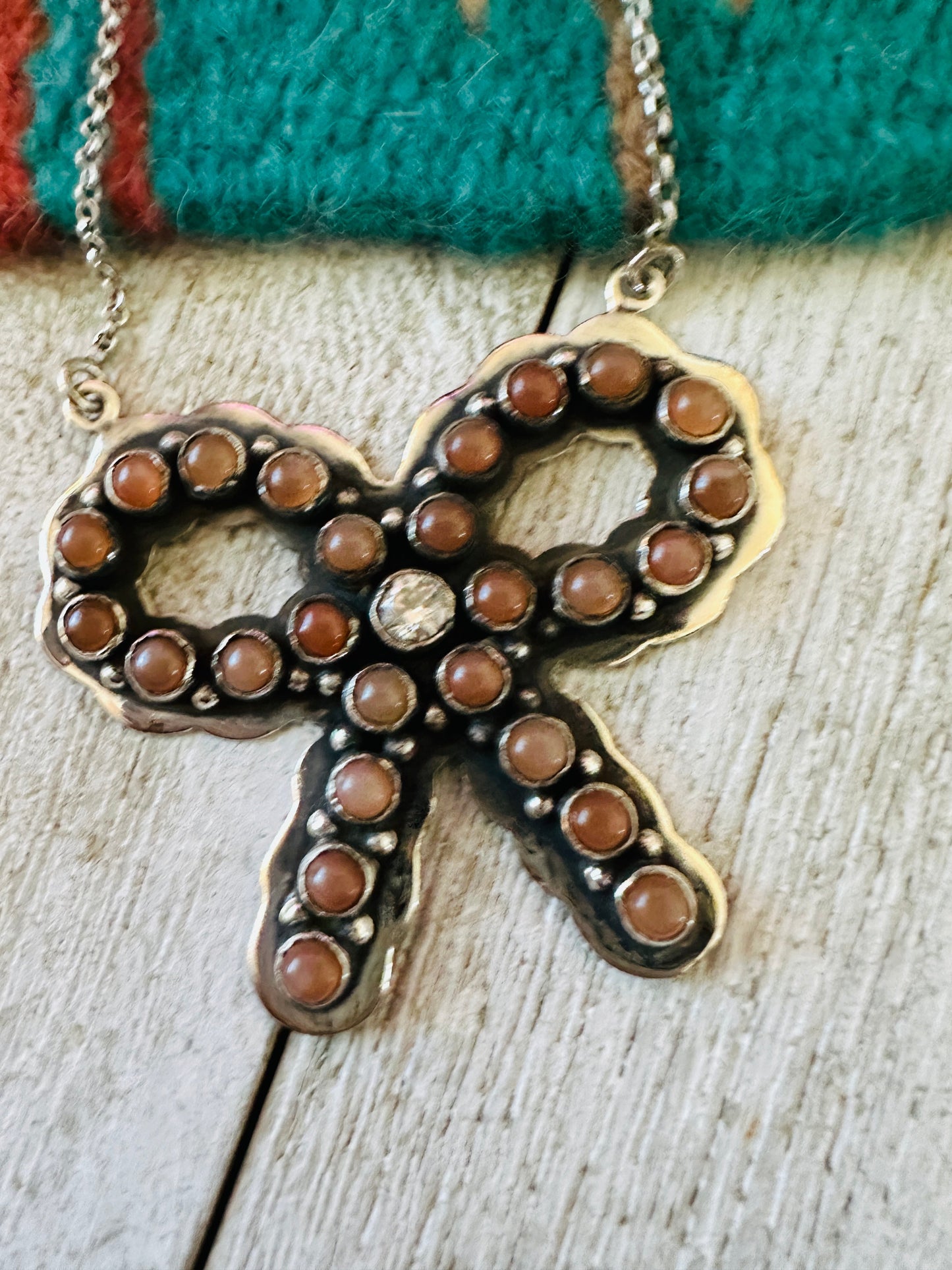 ** Christmas Collection ** Handmade Sterling Silver, Mother of Pearl & CZ Bow Necklace Signed Nizhoni