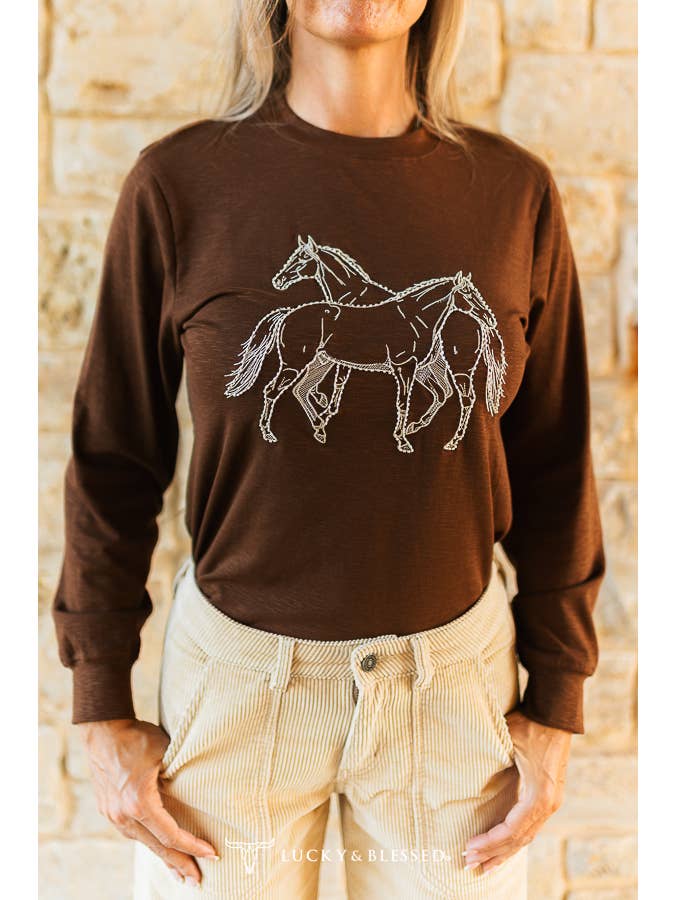 Brown Duo Horse embroidered western top model view