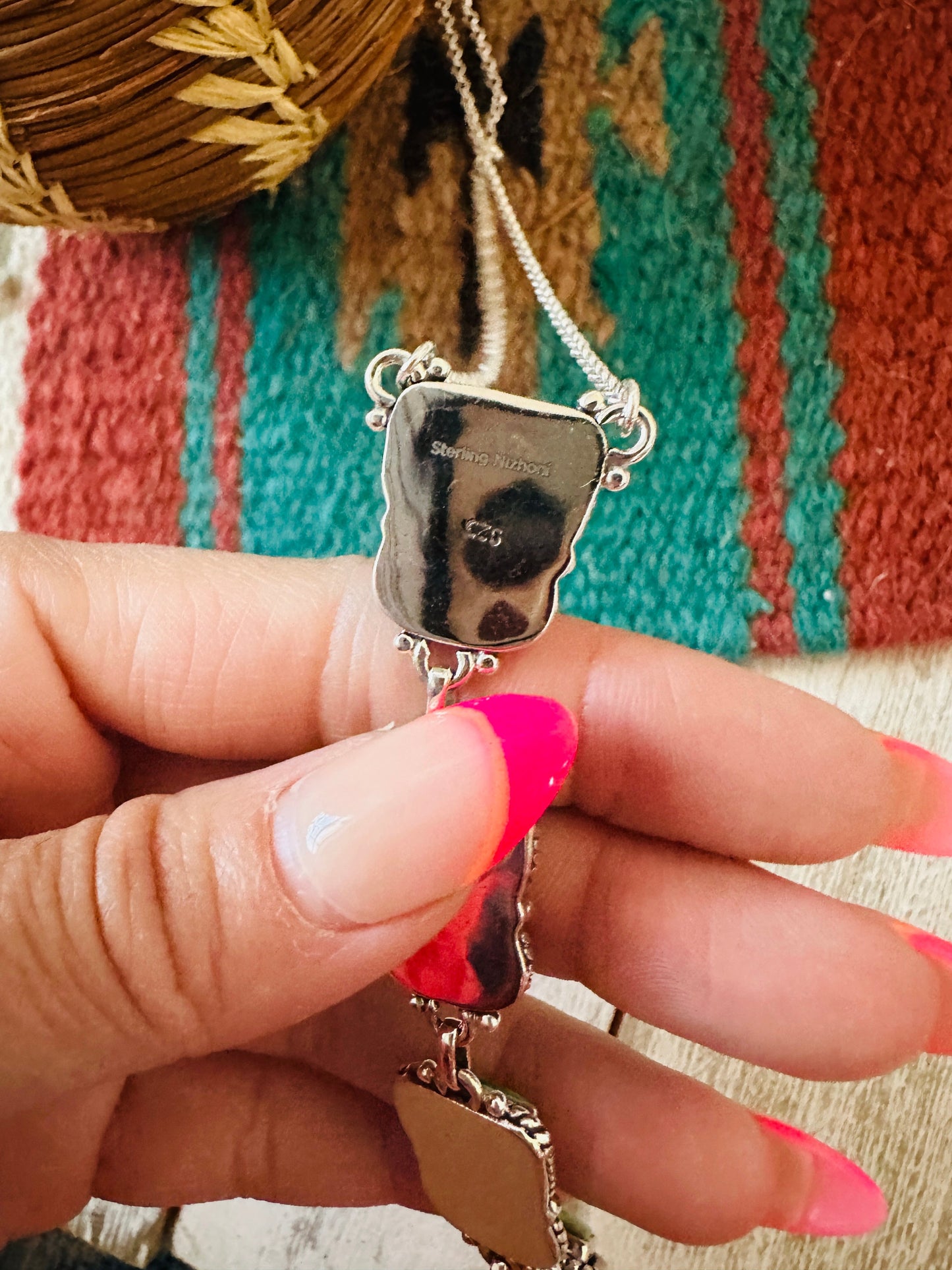 ** Christmas Collection ** Handmade Sterling Silver, Turquoise & Coral Necklace Signed Nizhoni