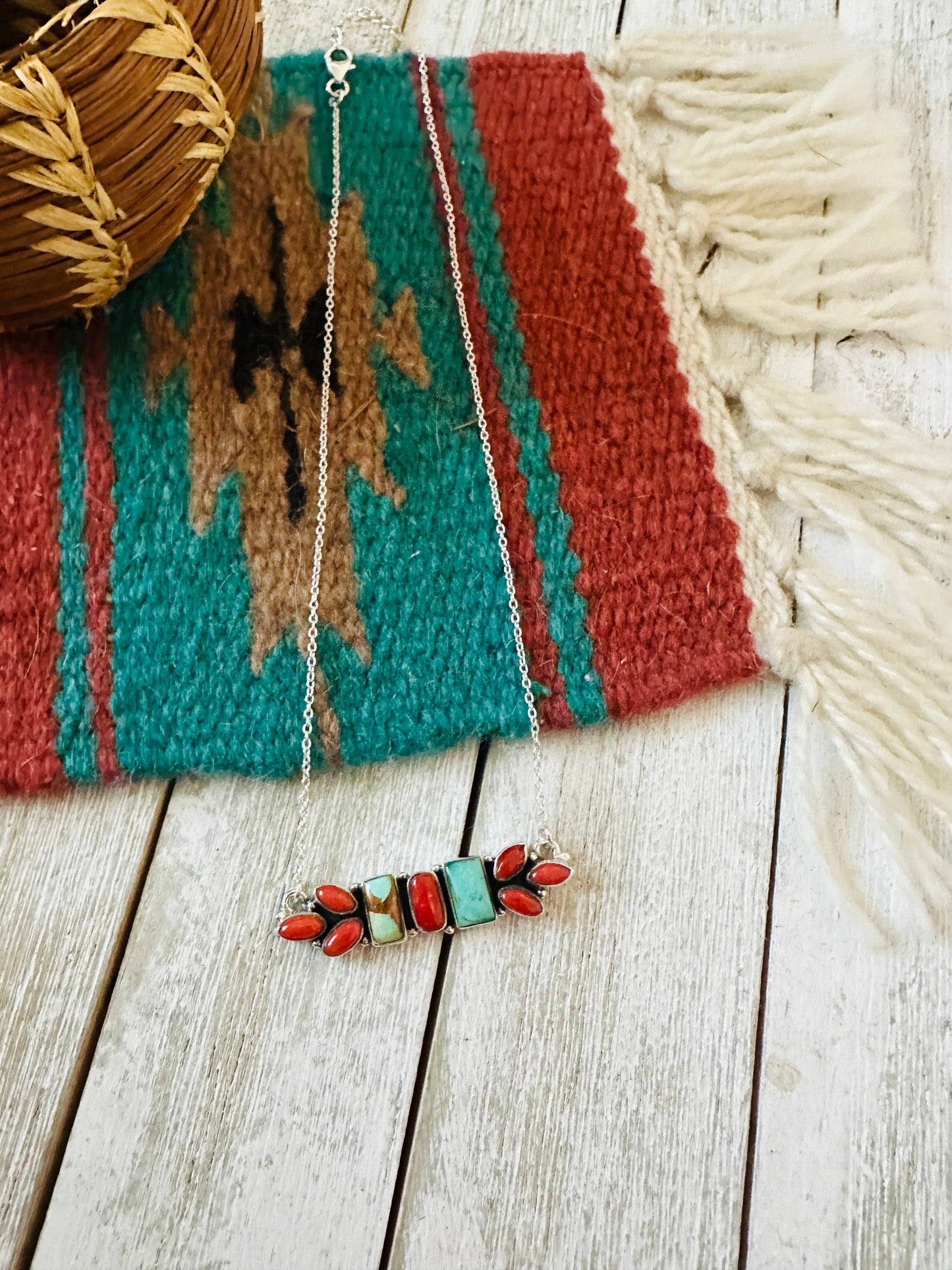 ** Christmas Collection ** Handmade Sterling Silver, Turquoise & Coral Necklace Signed Nizhoni