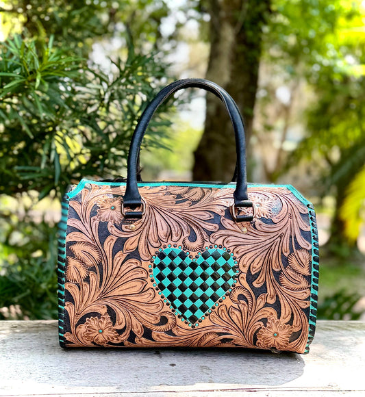 Tooled Leather Turquoise Black Checkered Heart Speedy Bag