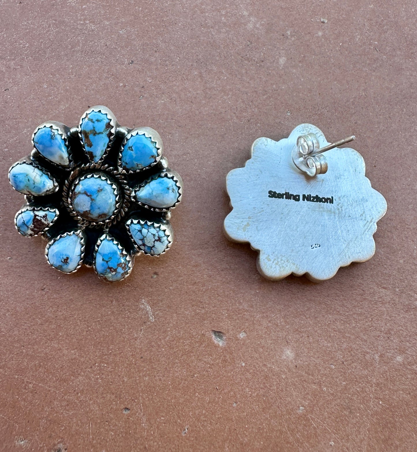 Handmade Golden Hills Turquoise & Sterling Silver Cluster Post Earrings 9 stone