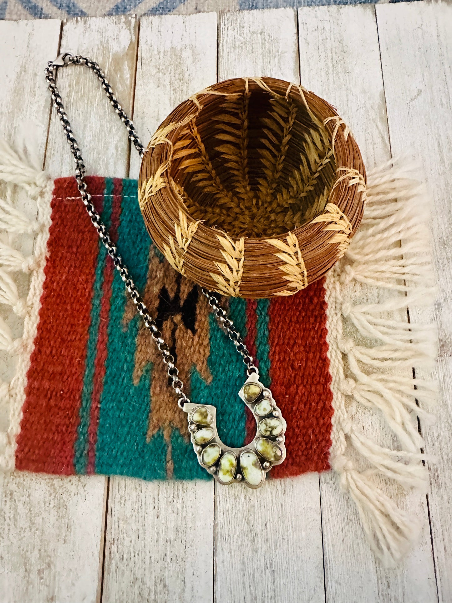 Handcrafted Beaded Sterling Silver & Palomino Turquoise Horseshoe Necklace