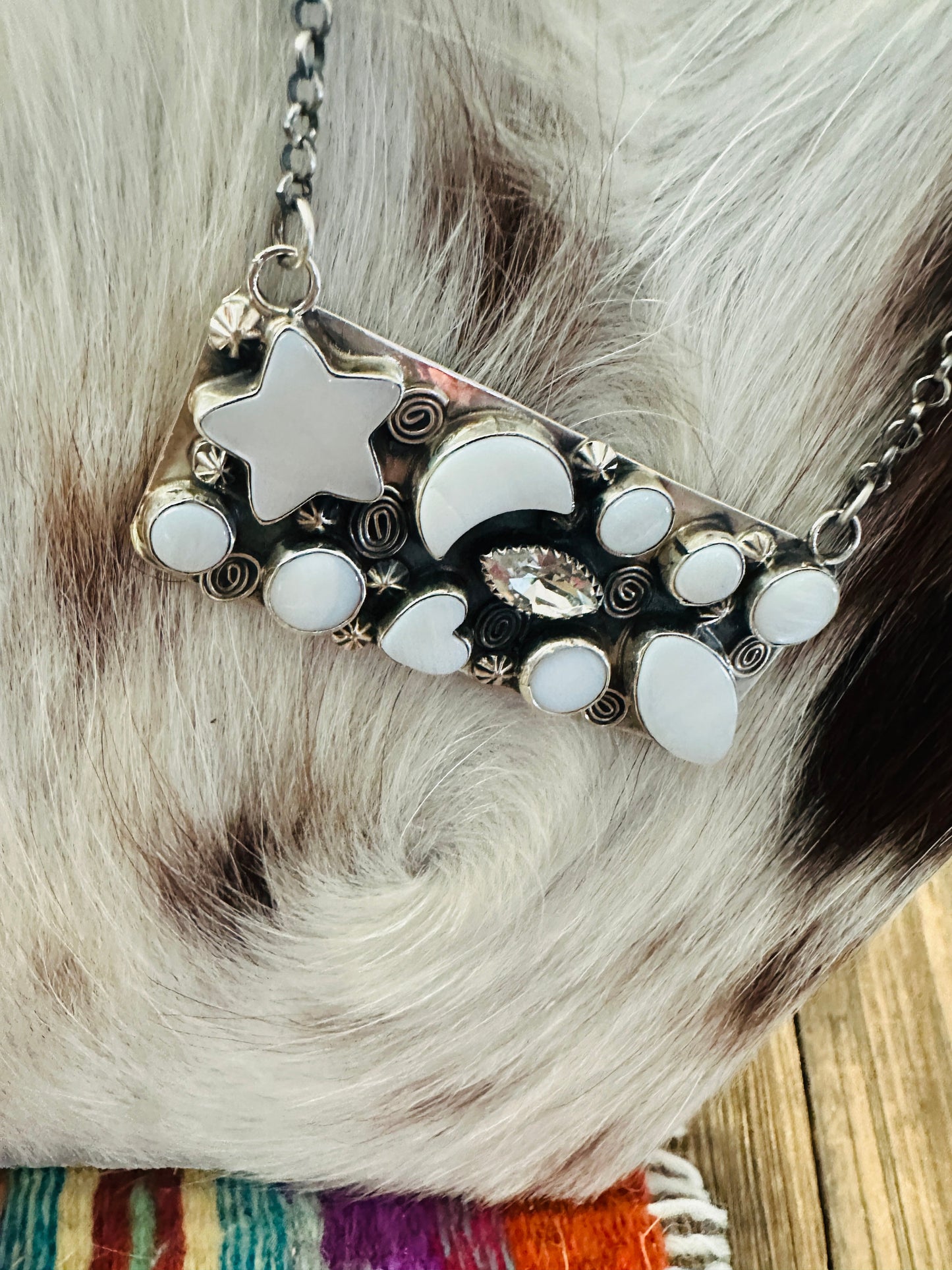 Handcrafted Mother of Pearl, CZ & Sterling Silver Bar Necklace by Jacqueline Silver
