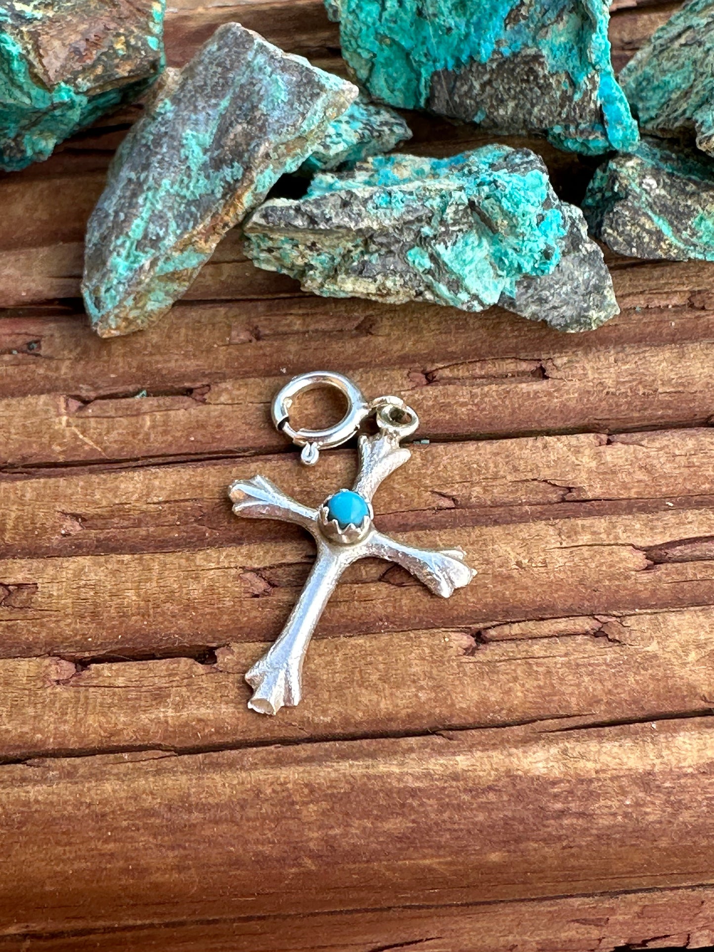 Handcrafted  Sterling Silver and Turquoise Hand Stamped Cross charm