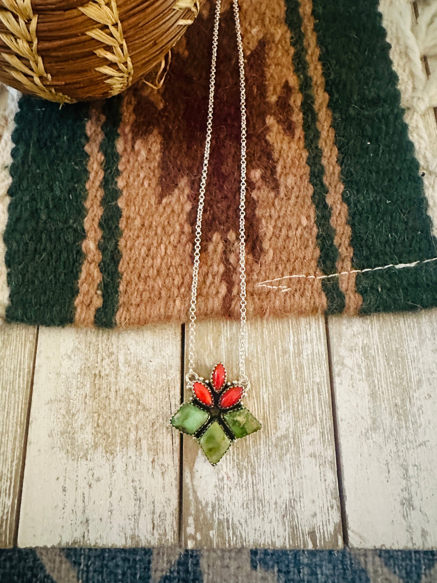 ** Christmas Collection ** Handmade Sterling Silver, Turquoise & Coral Necklace Signed Nizhoni