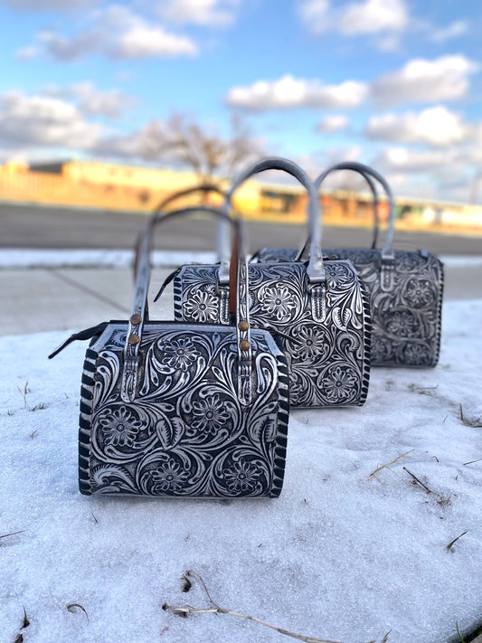 Small Silver Floral Tooled Leather Speedy Duffle Bag