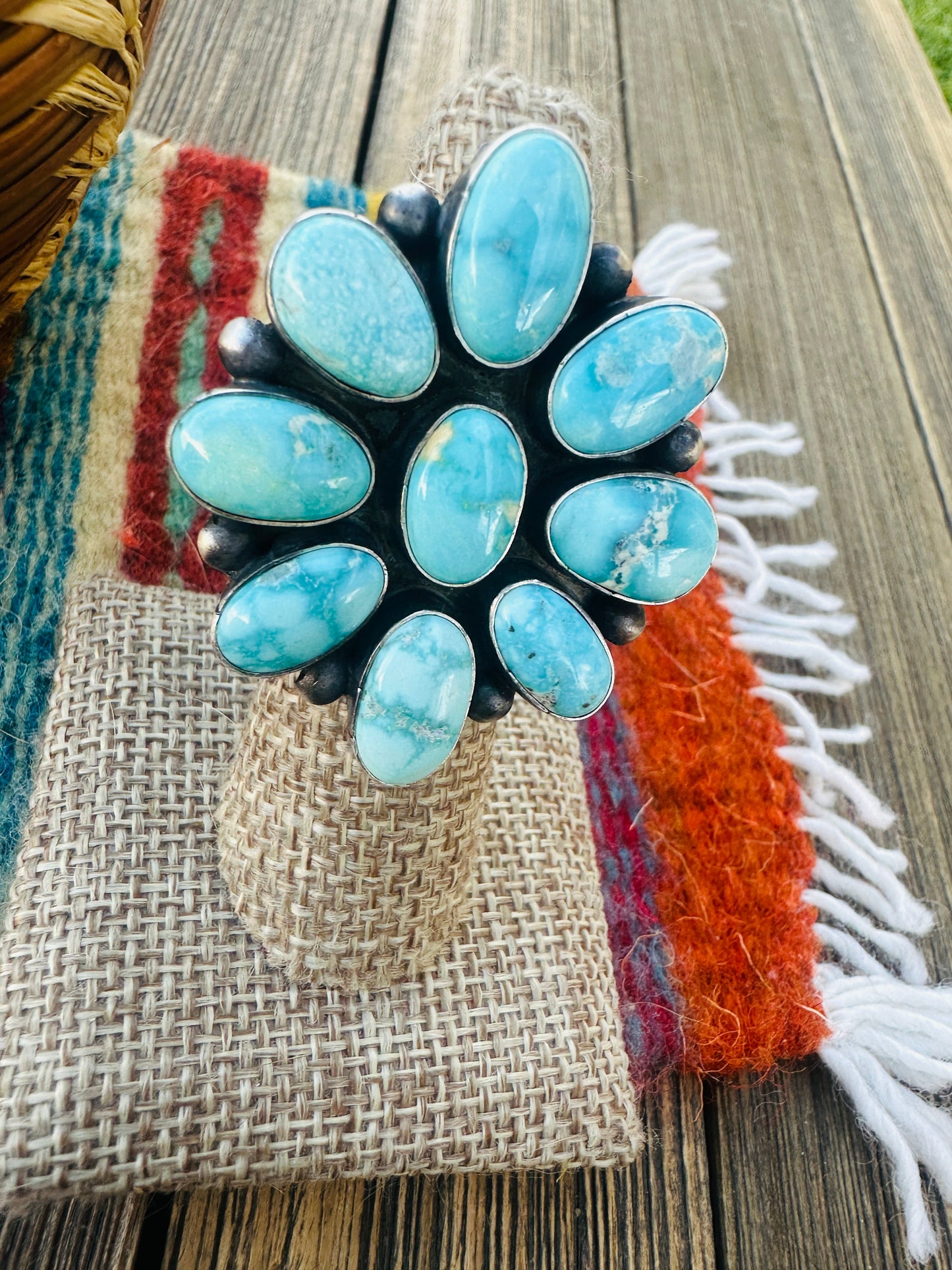 Handcrafted Turquoise & Sterling Silver Cluster Ring Size 5.5 by Paul Livingston