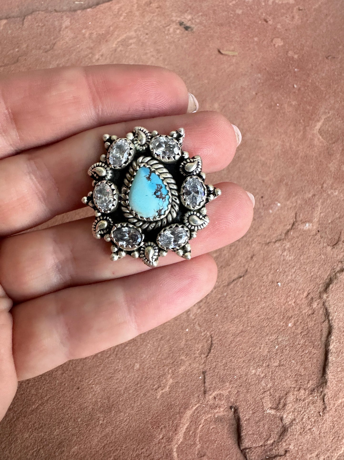 Beautiful Handmade Golden Hills Turquoise , CZ And Sterling Silver Adjustable Ring