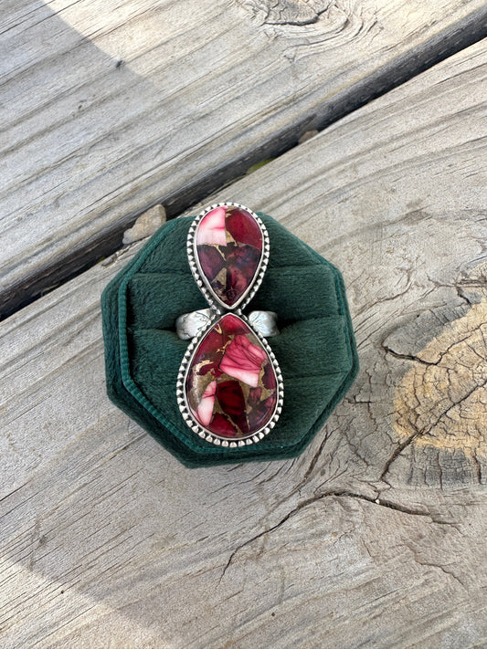 Beautiful Handmade Dahlia Rose And Sterling Silver Adjustable 2 Stone Ring