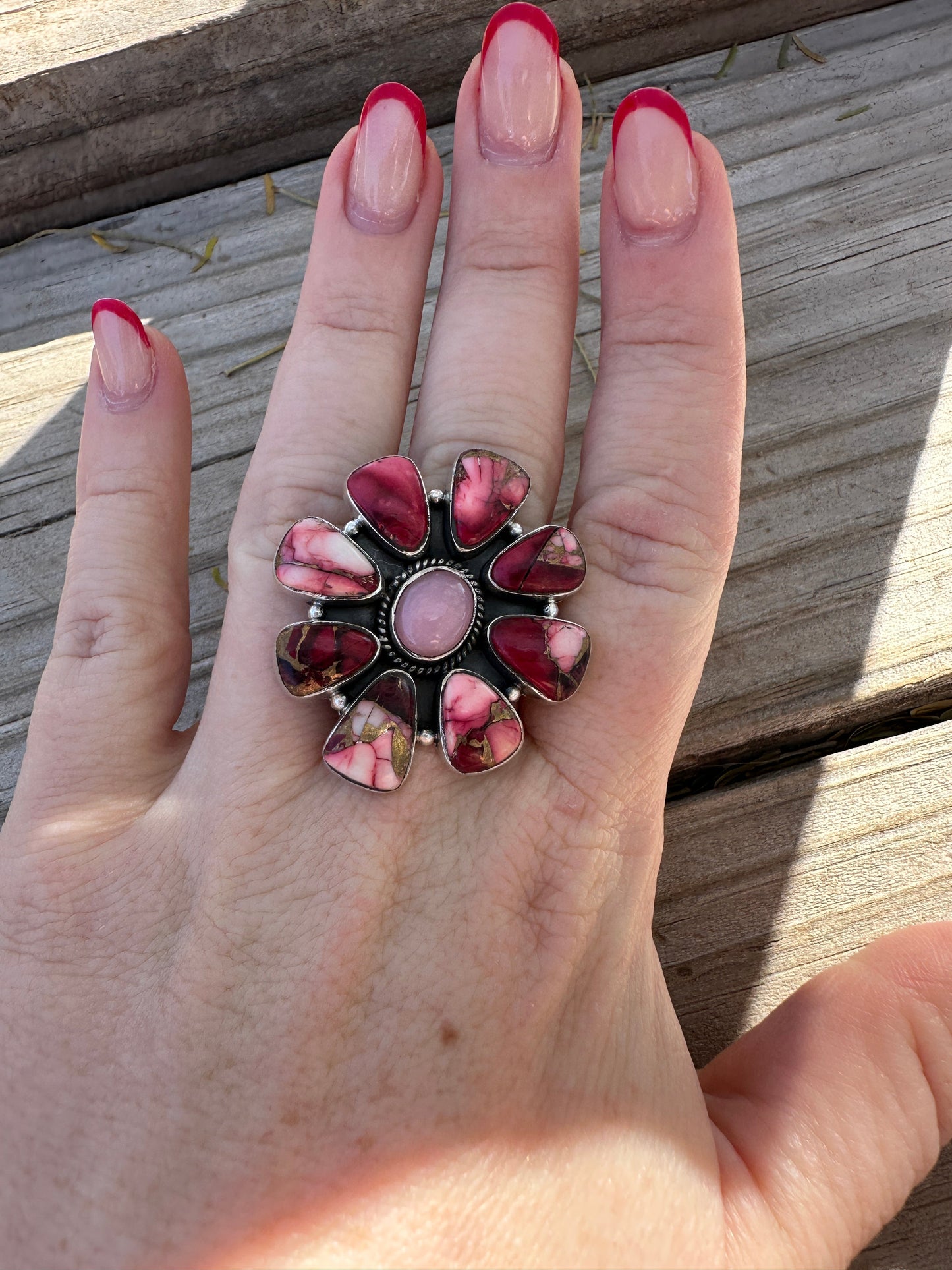 Beautiful Handmade Dahlia Rose, Pink Opal And Sterling Silver Adjustable Cluster Ring