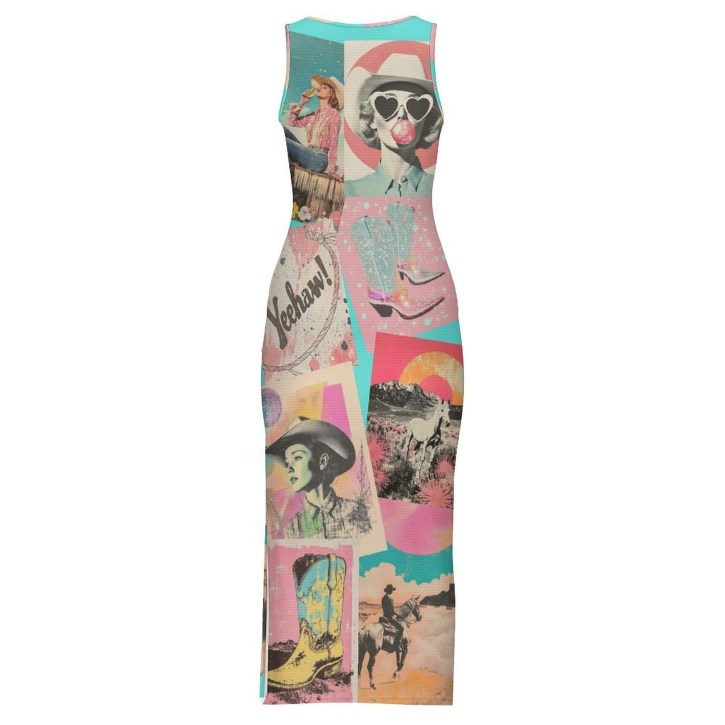 Baha Ranch Retro Pop Western Bodycon Side Slit Maxi Dress