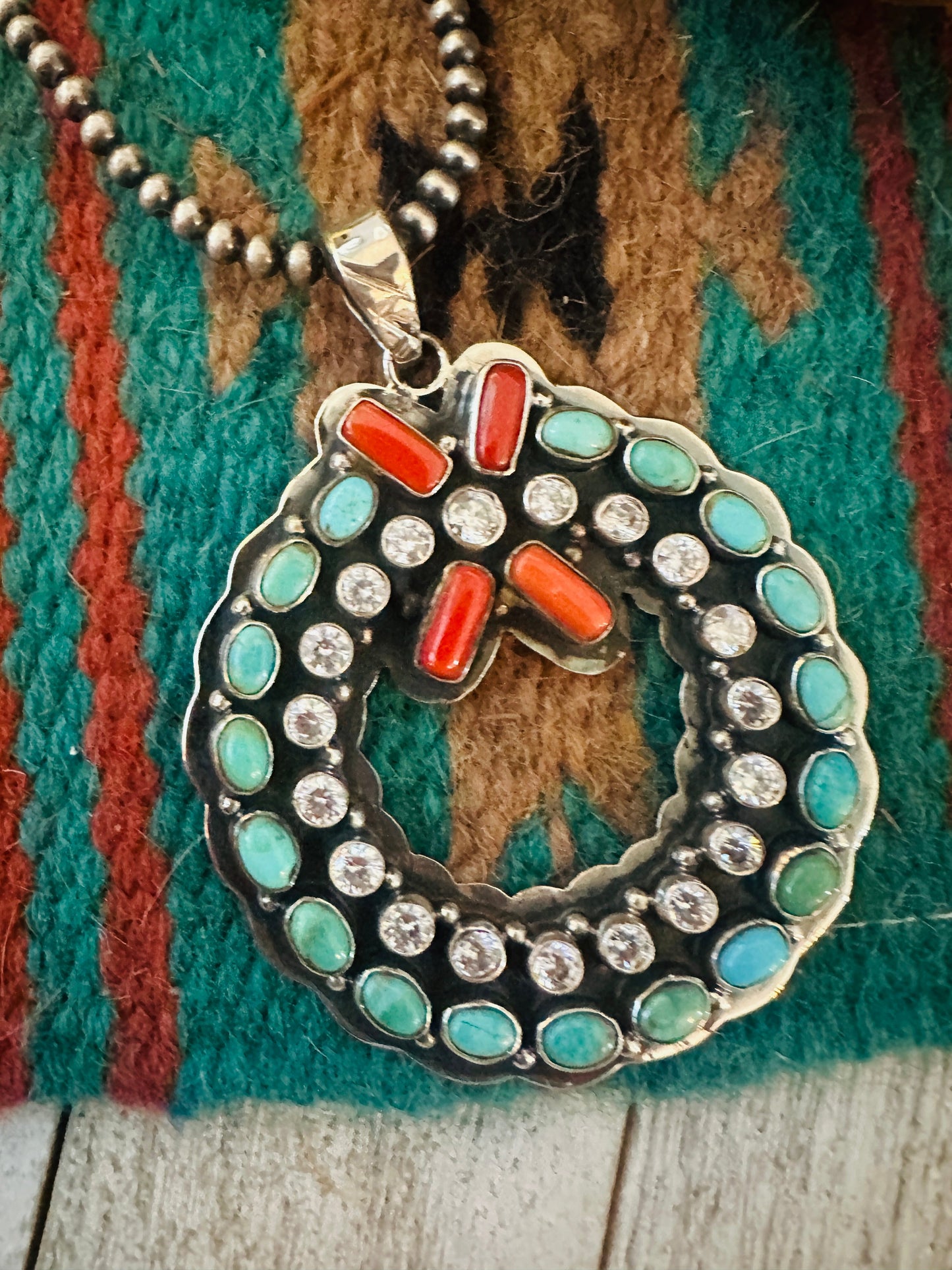 ** Christmas Collection ** Handmade Sterling Silver, Turquoise, Coral & CZ Wreath Pendant Signed Nizhoni