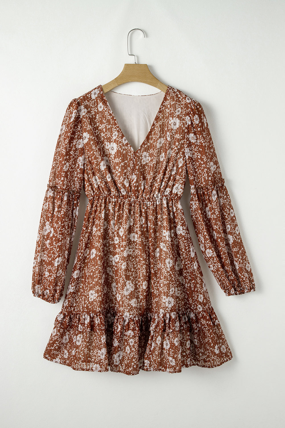 Ashley Boho Floral Puff Sleeve Mini Dress with Ruffles and V Neckline