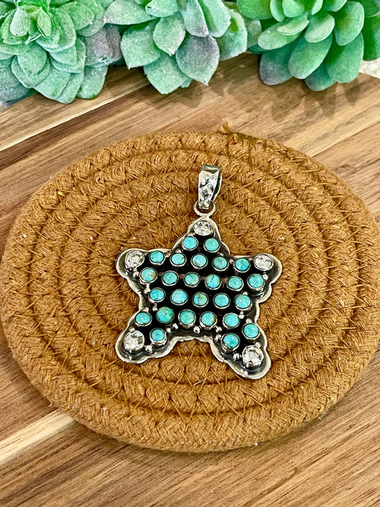 ** Christmas Collection ** Handmade Sterling Silver, Turquoise & CZ Star Pendant Signed Nizhoni