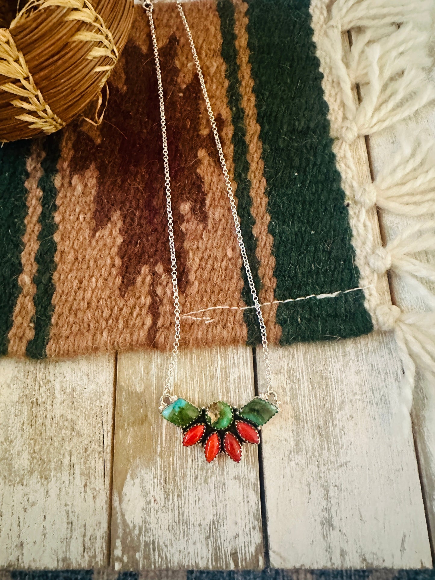 ** Christmas Collection ** Handmade Sterling Silver, Turquoise & Coral Necklace Signed Nizhoni