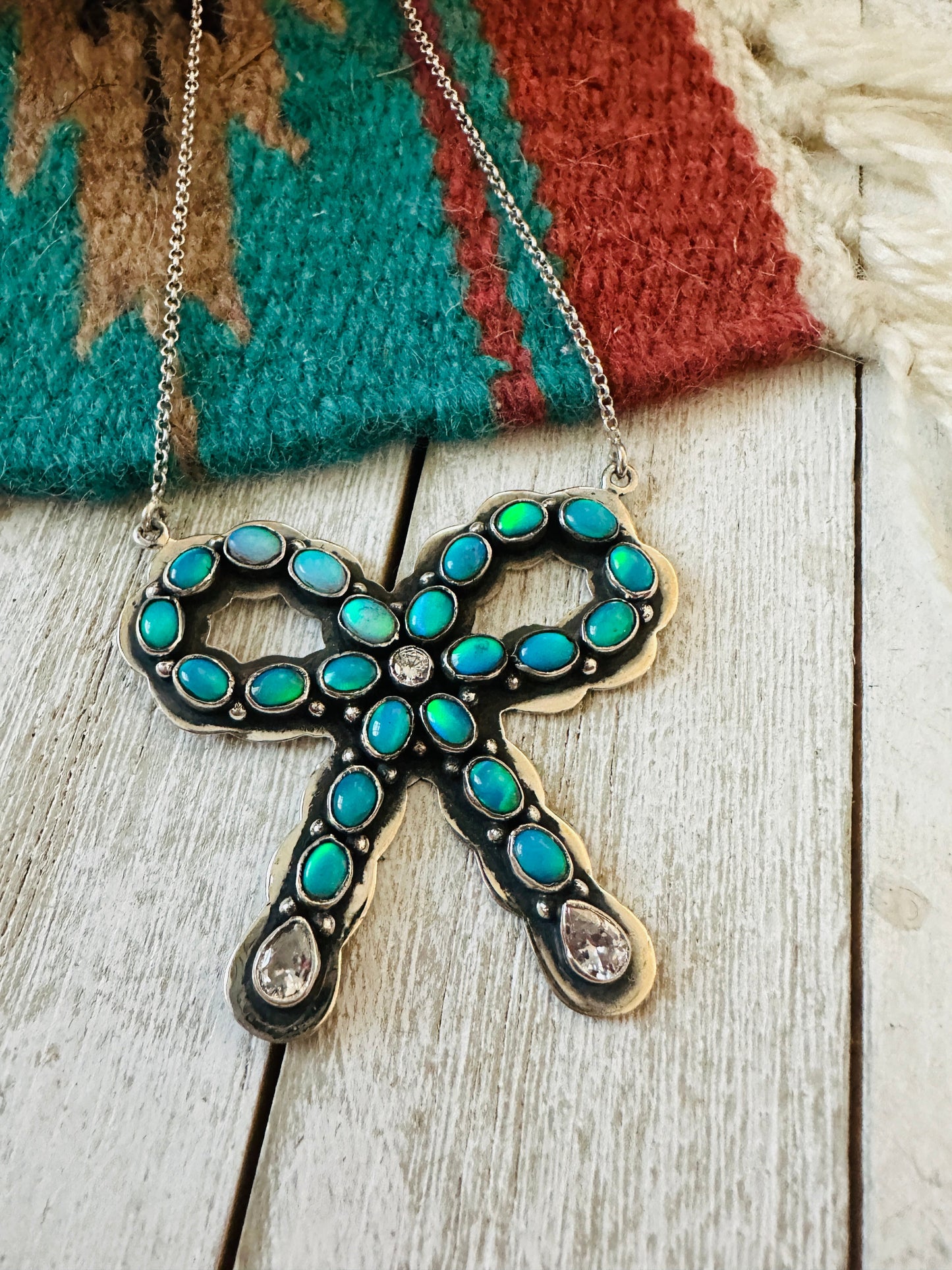** Christmas Collection ** Handmade Sterling Silver, Synthetic Opal & CZ Bow Necklace Signed Nizhoni