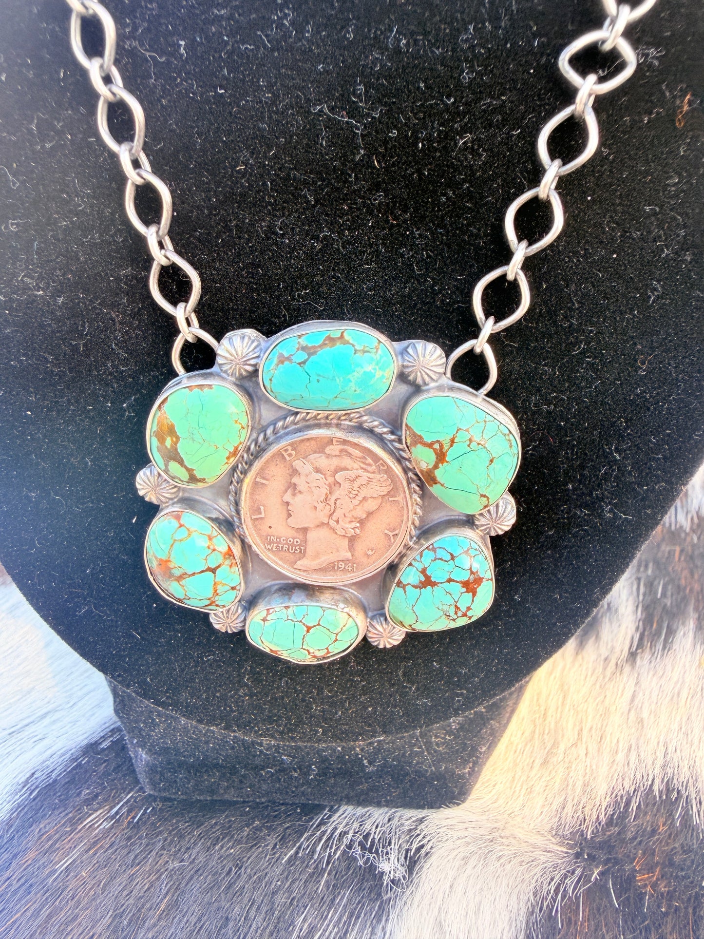Handcrafted Number 8 Turquoise & Sterling Silver Liberty Dime Necklace by Sheila Tso