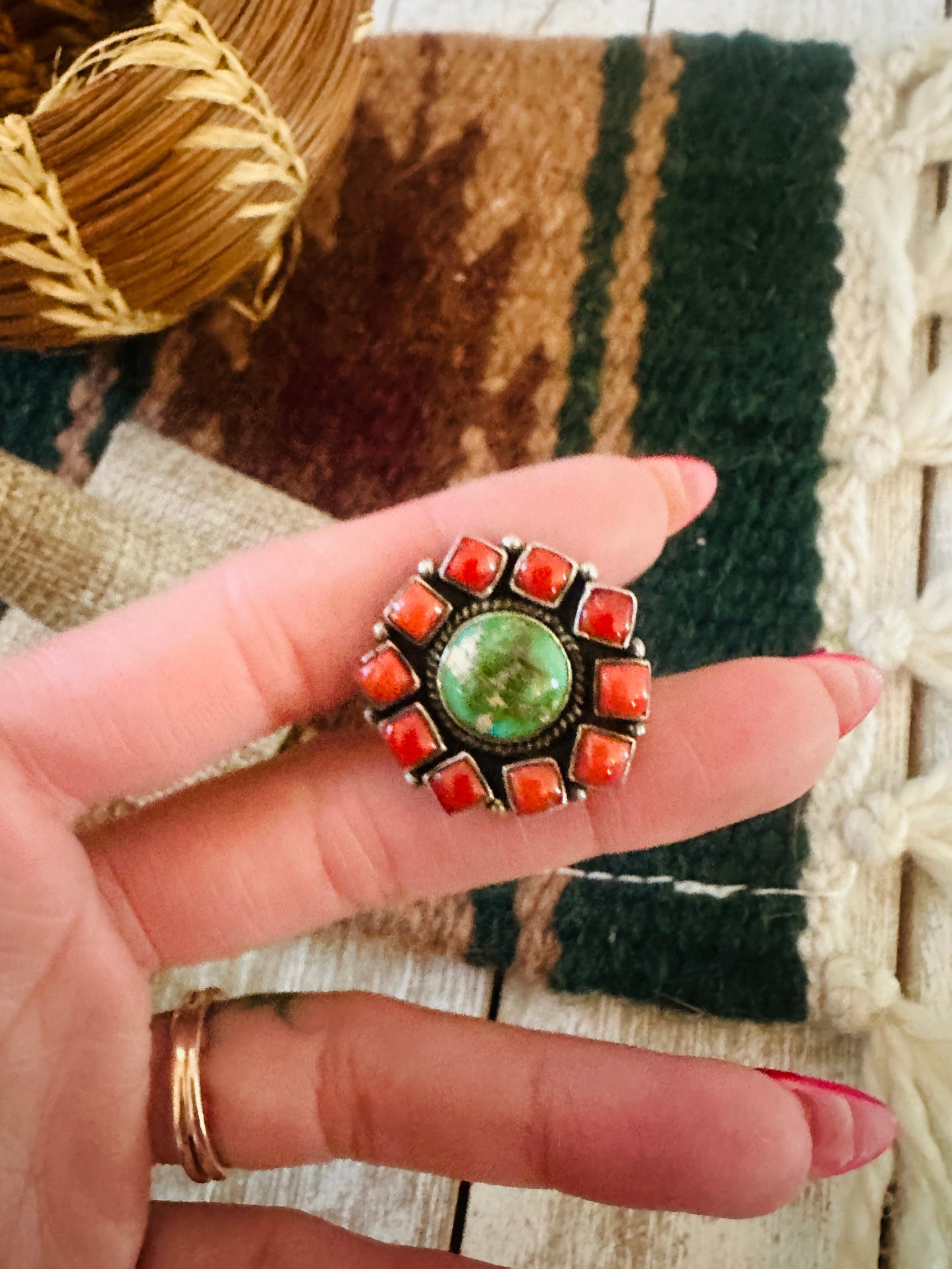 ** Christmas Collection ** Handmade Sterling Silver, Turquoise & Coral Adjustable Ring Signed Nizhoni