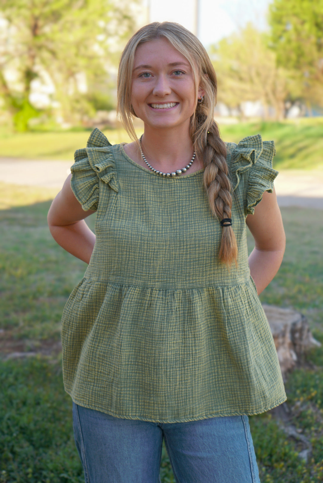 Lite Olive - Gauze Acid Washed Tiered Ruffle Peplum Top