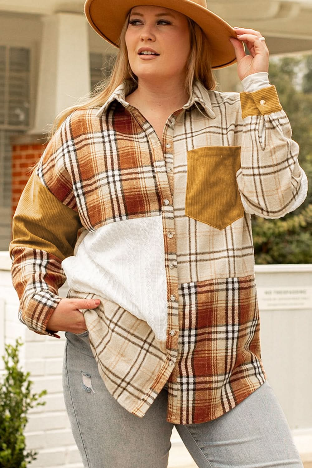 Golden apricot plaid shacket plus size
