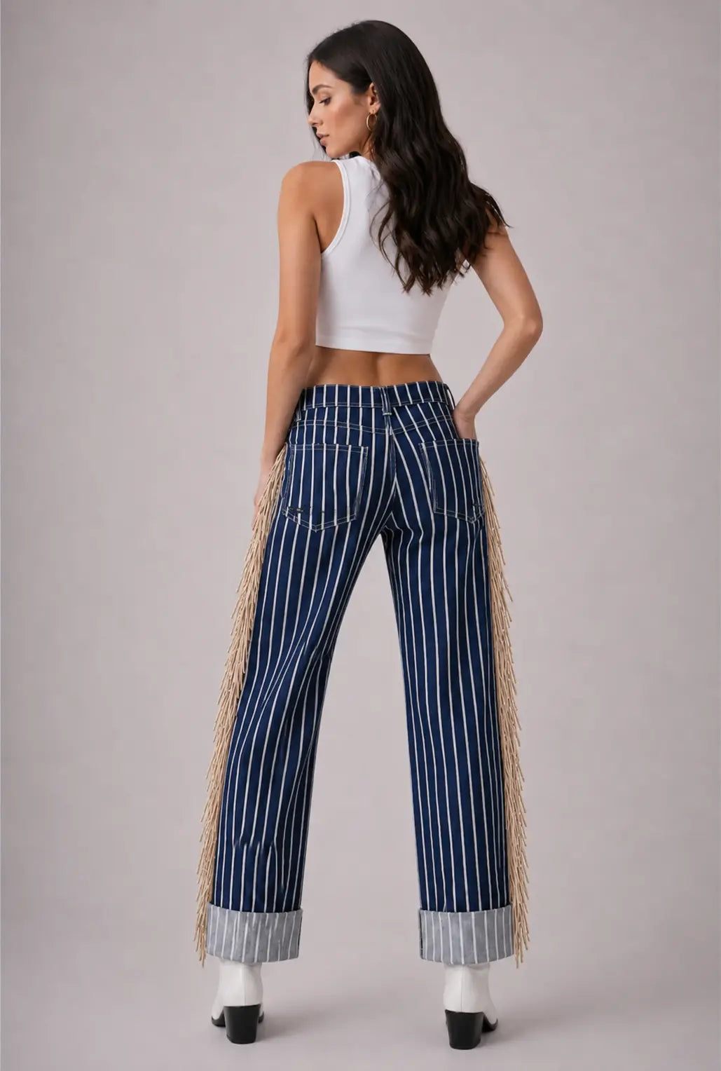 Desert Drifter Striped Wide Leg Cuffed Fringe Denim Jeans