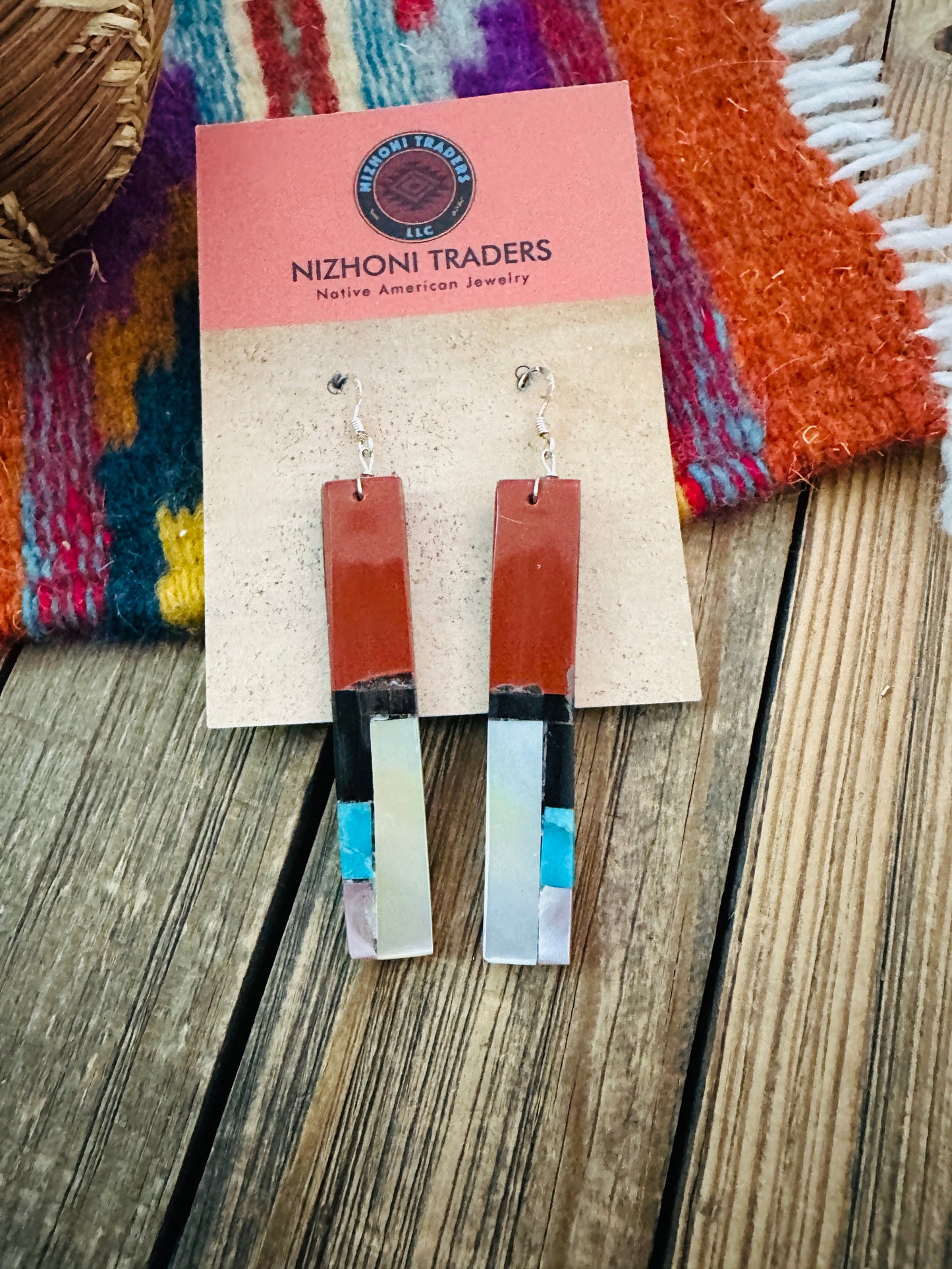 Handcrafted Multi Stone Inlay Slab Dangle Earrings