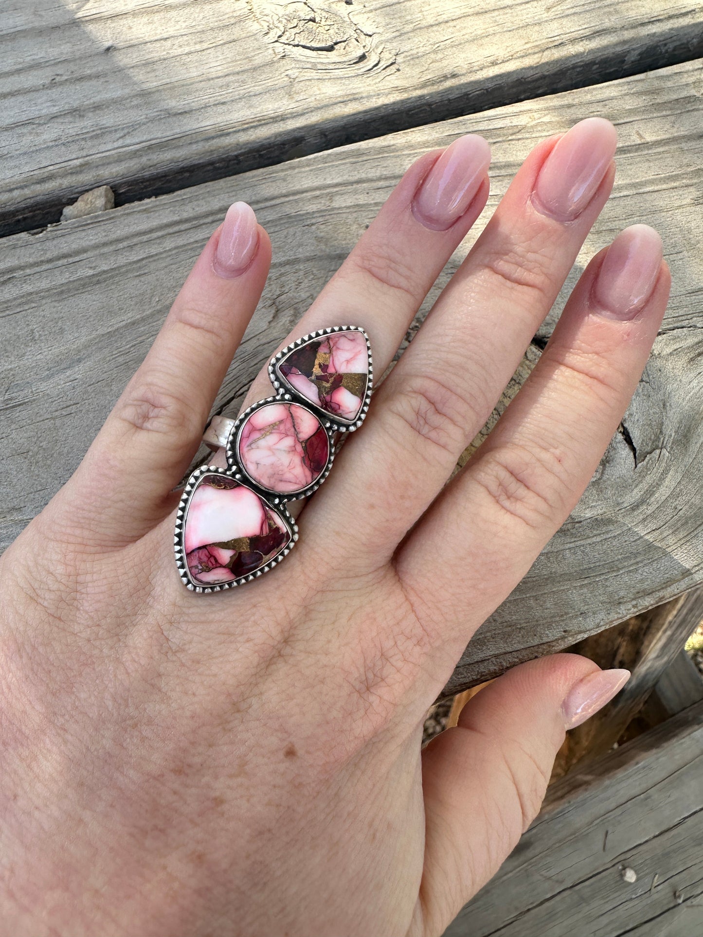 Beautiful Handmade Dahlia Rose And Sterling Silver Adjustable 3 Stone Ring