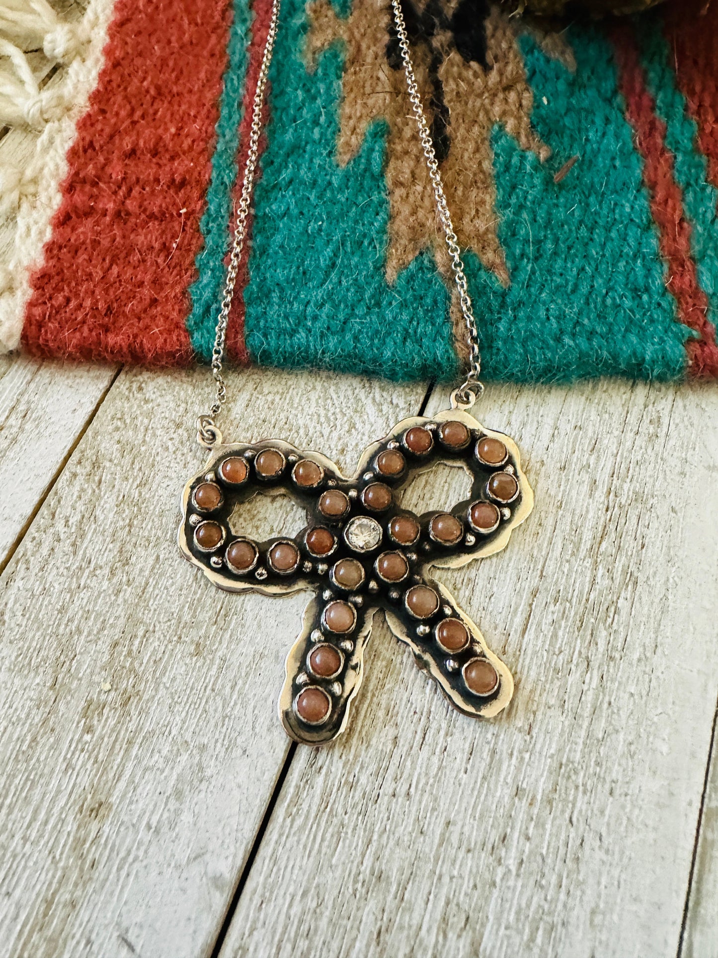 ** Christmas Collection ** Handmade Sterling Silver, Mother of Pearl & CZ Bow Necklace Signed Nizhoni