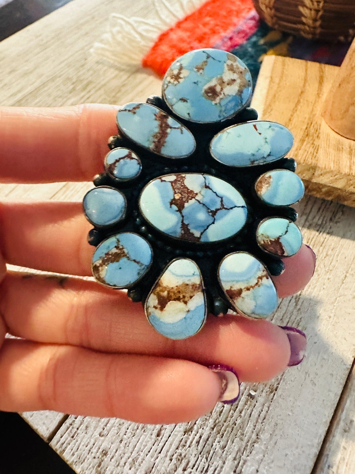 Handcrafted Golden Hills Turquoise & Sterling Silver Cluster Ring Size 7 by B. Yellowhorse