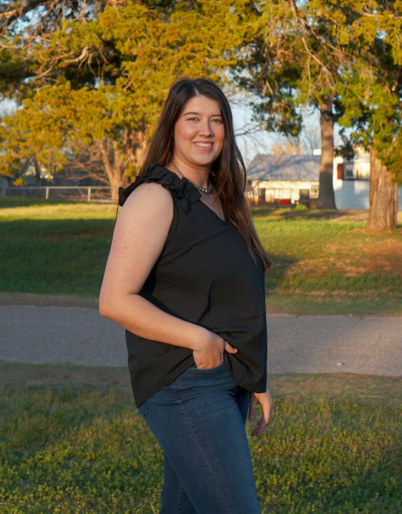 Black - Plus Size - Ruffle Trim Sleeveless Top